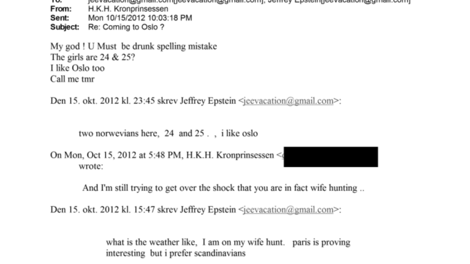A screengrab showing an email exchange from the crown princess's email address