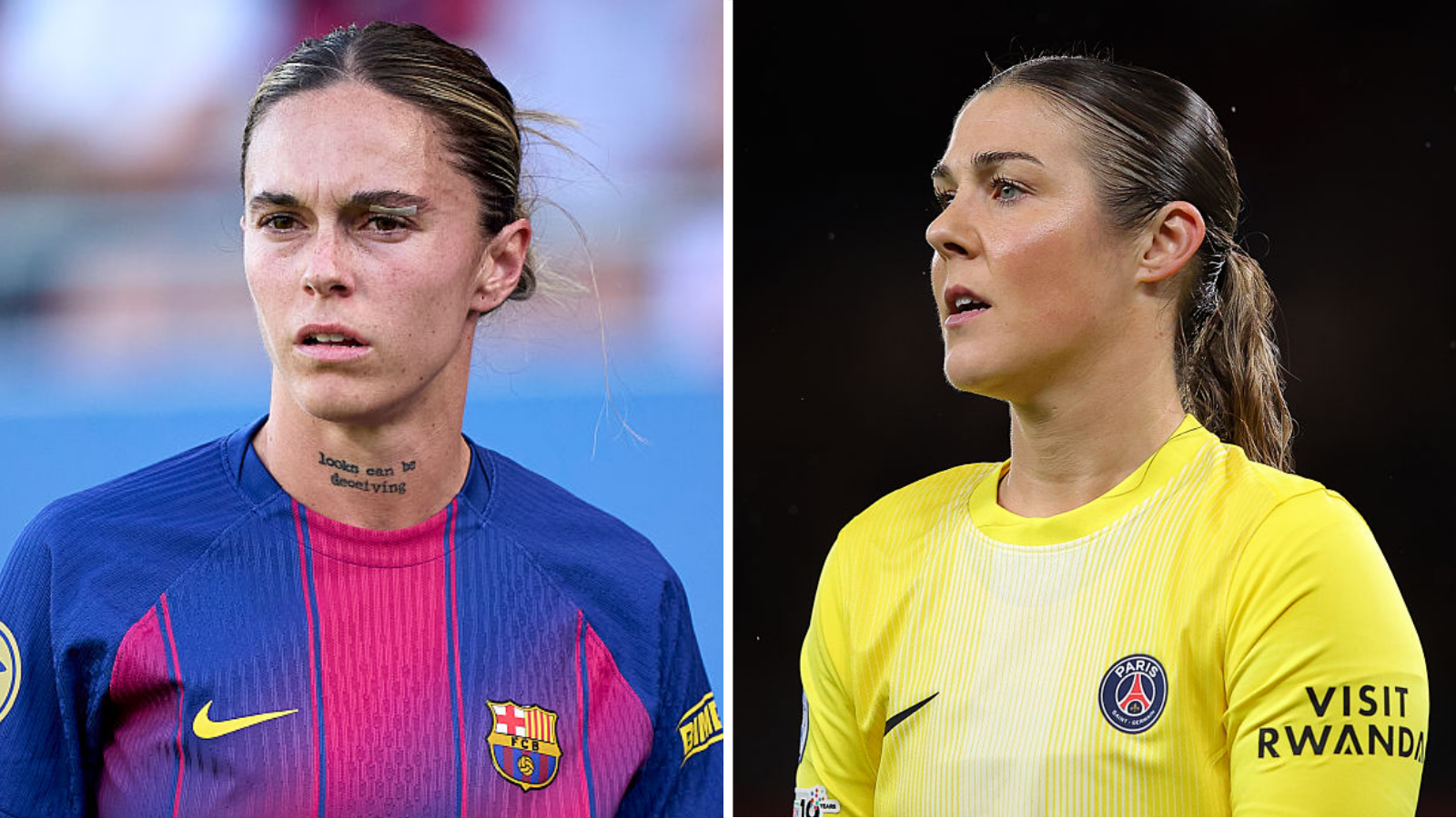 Mapi Leon in Barcelona home kit and Mary Earps in Paris St-Germain yellow goalkeeper shirt
