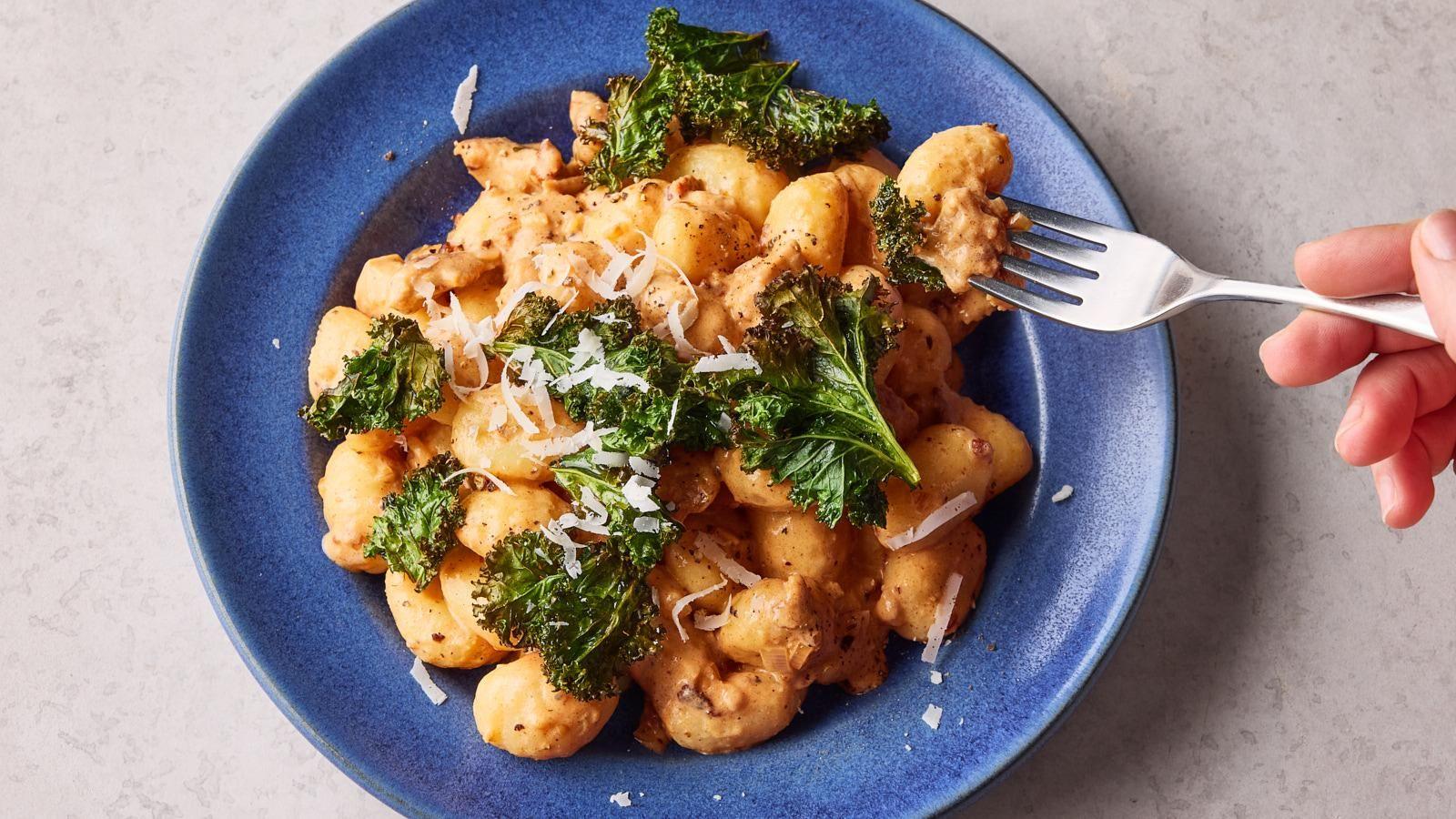Veggie sausage gochujang gnocchi with crispy kale