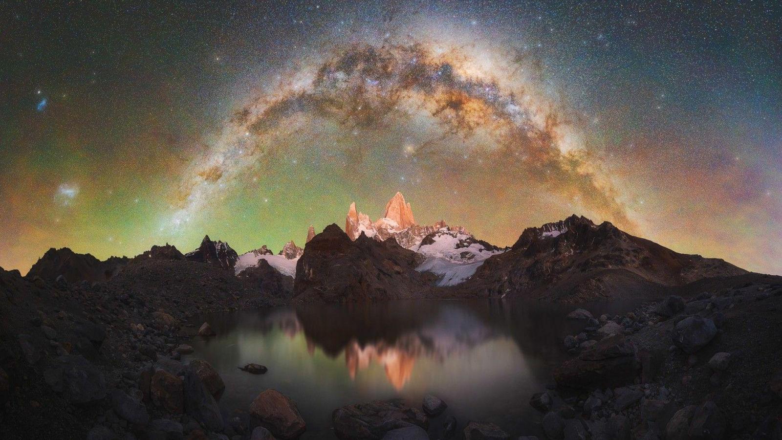 An arc of the Milky Way above a mountain in Patagonia