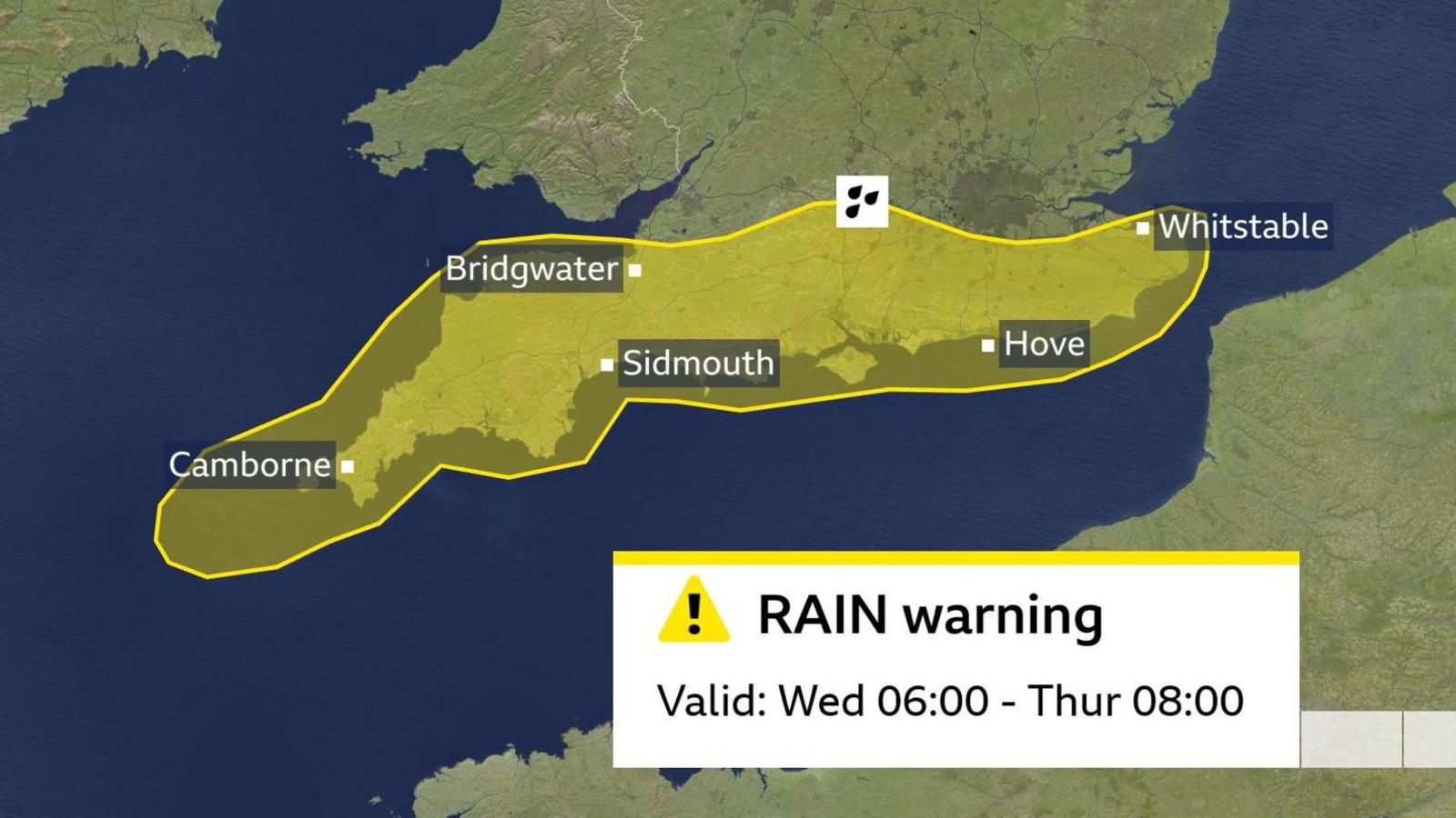 Map of southern half of UK showing yellow warning zone across all of southern England - mainly south of the M4 corridor