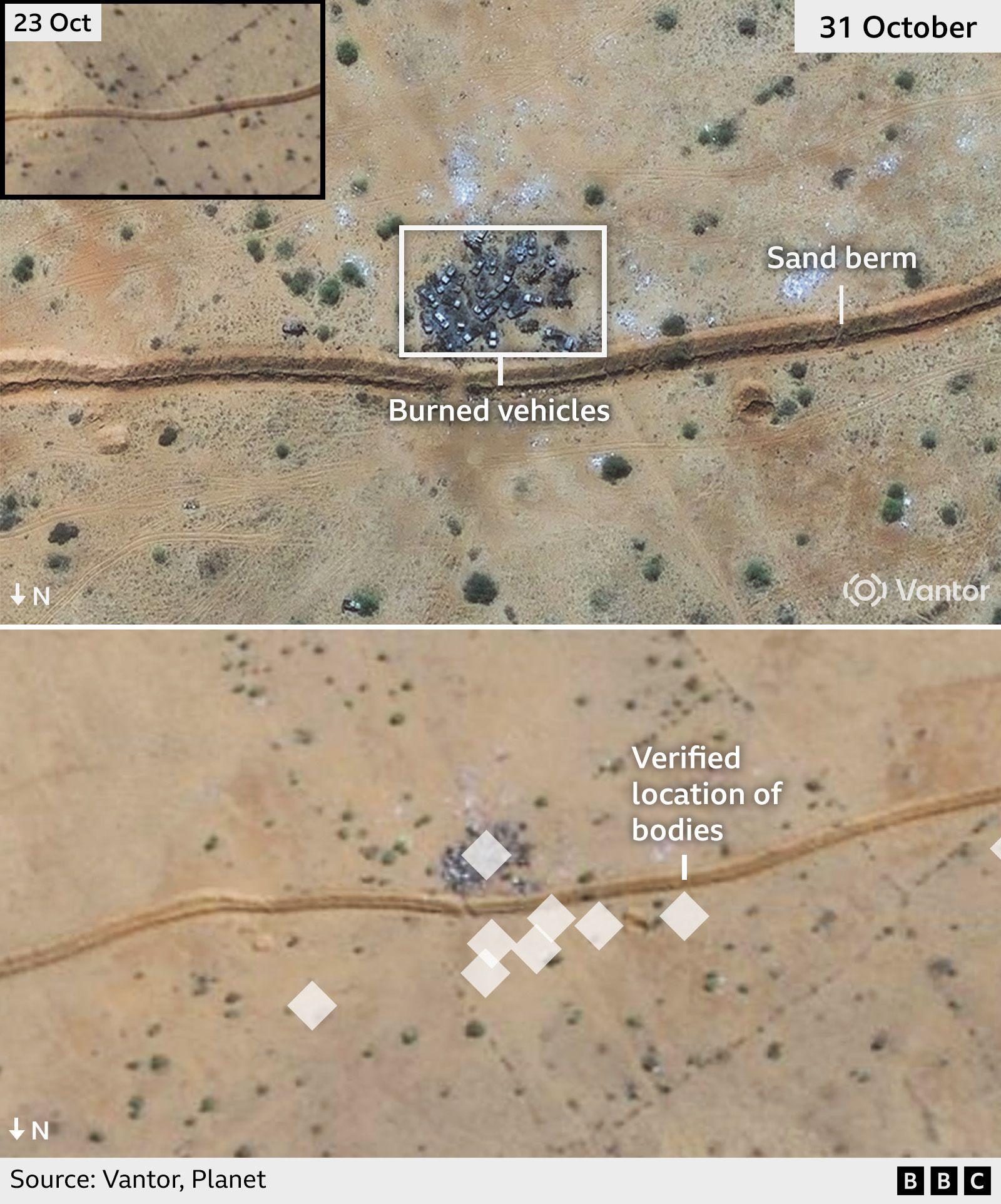 A satellite image showing the sand berm and a group of burned vehicles outside el-Fasher.
In a second image below the location of dead bodies had been marked with diamond markers.