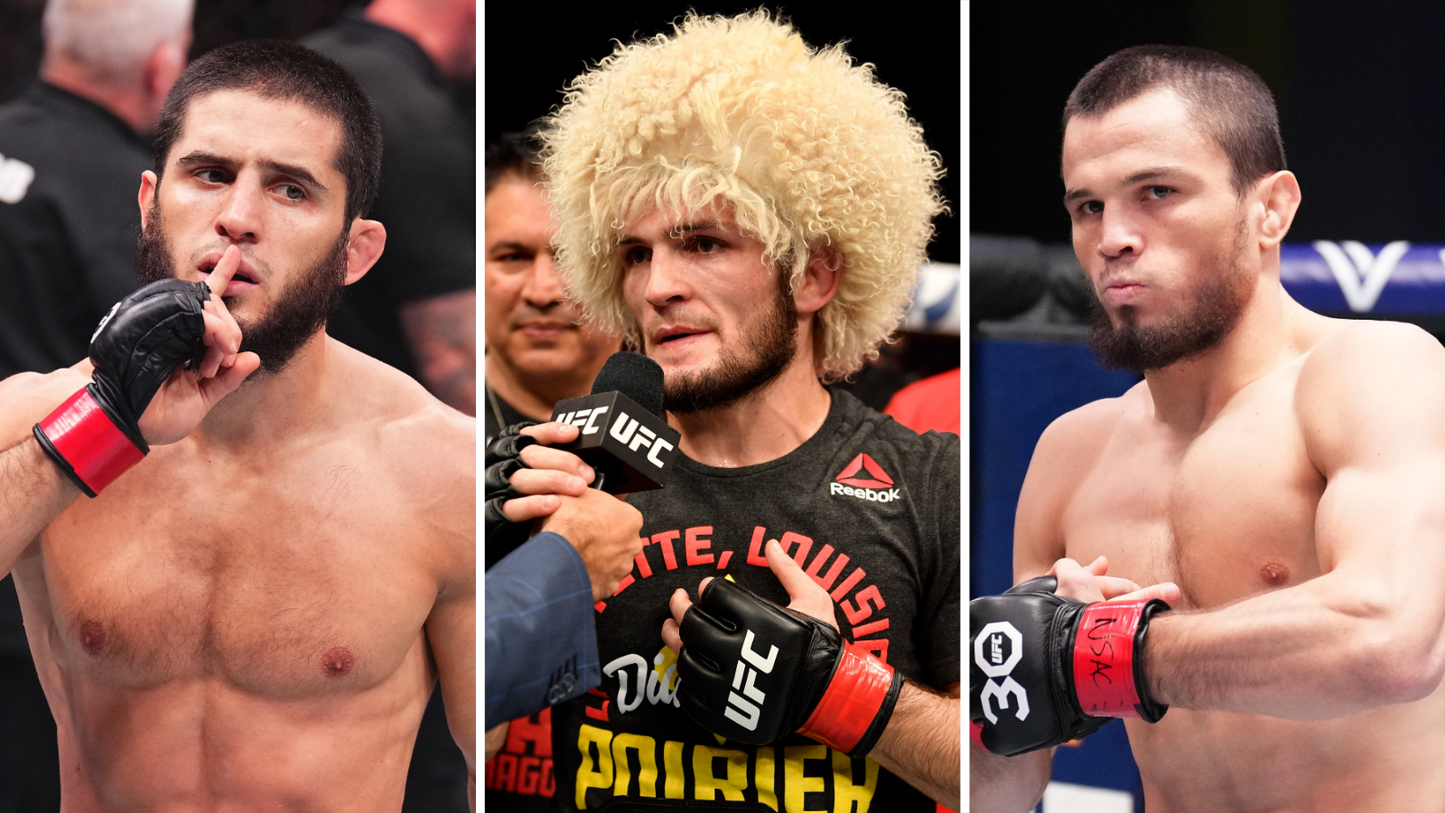 A split picture of Islam Makhachev, Khabib Nurmagomedov and Umar Nurmagomedov