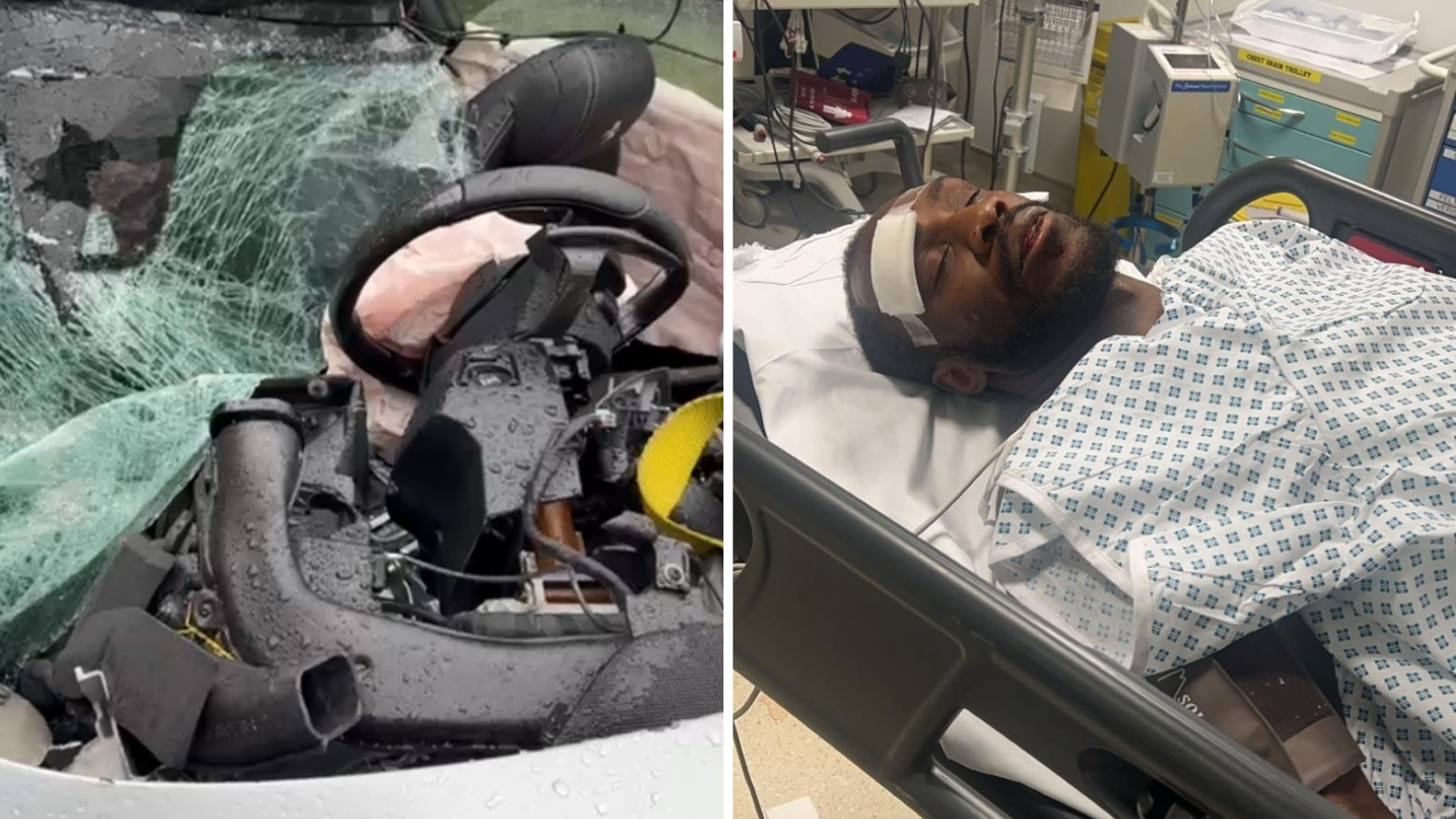 Split image showing Antonio's crumpled car and him in hospital