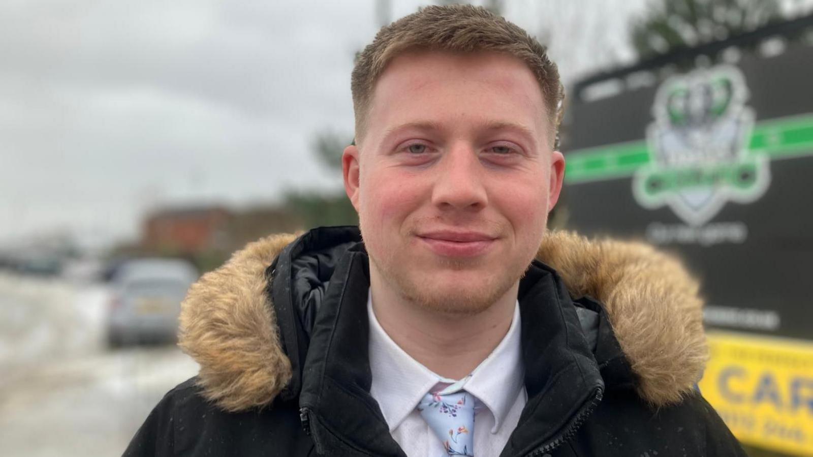 George Fearnely, a Farsley Celtic fan, standing outside the Farsley Celtic football ground