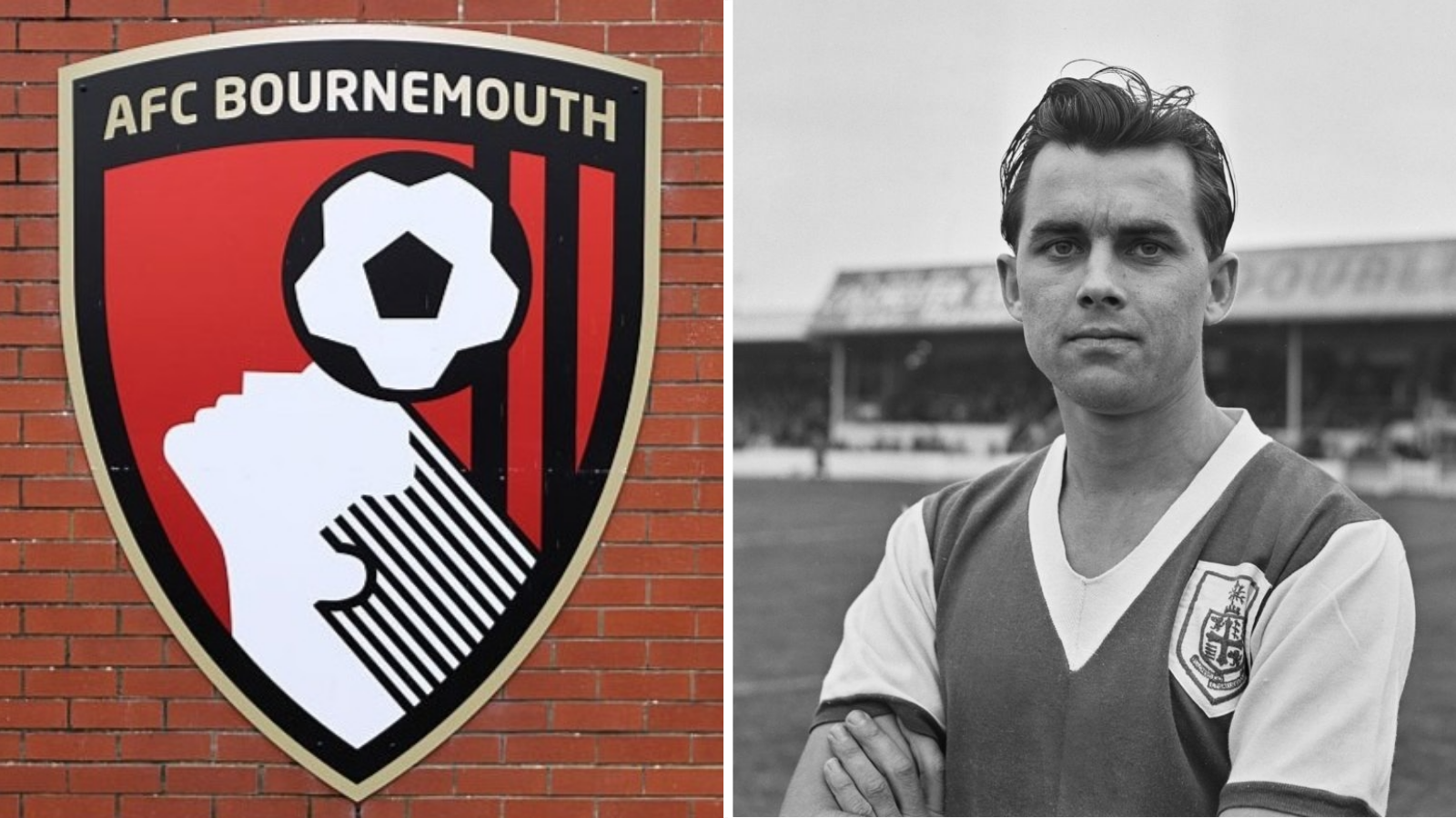 Bournemouth's badge featuring a face heading a football (left) and on the right is former Bournemouth striker Dickie Dowsett