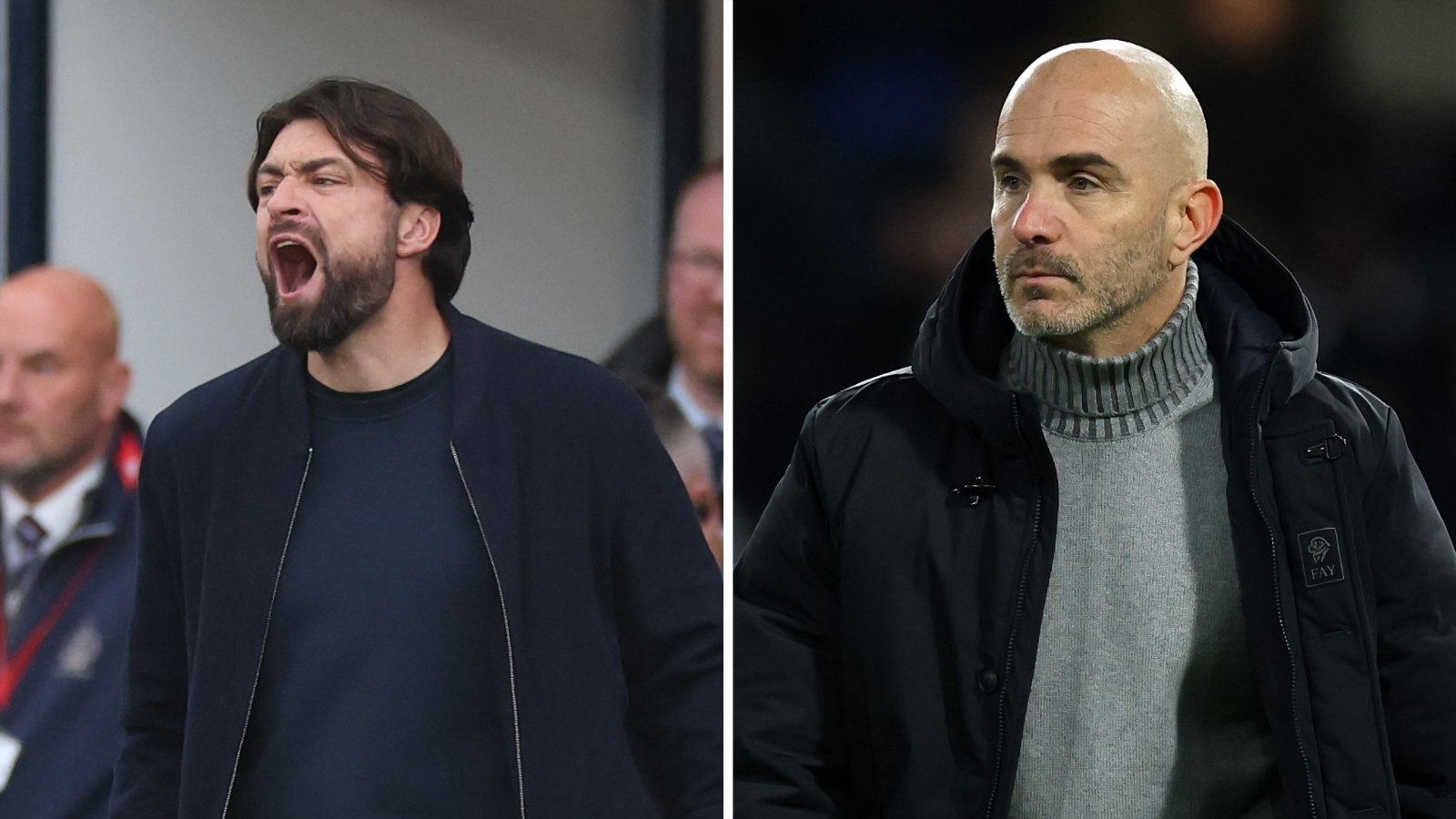 Side-by-side images of Russell Martin (left), shouting instructions wearing a blue top and black zip-up jacket at a Rangers game in October 2025, next to Enzo Maresca (right), wearing a grey turtle neck jumper and black padded jacket at a Chelsea game in December 2025