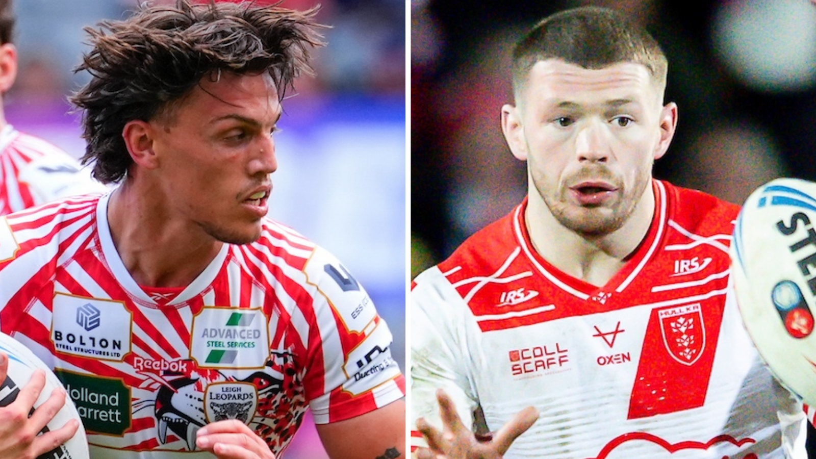 Split image containing Owen Trout with hair flailing and ball in his grasp, while James Batchelor has hands out ready to receive a pass which is moving through the air towards him