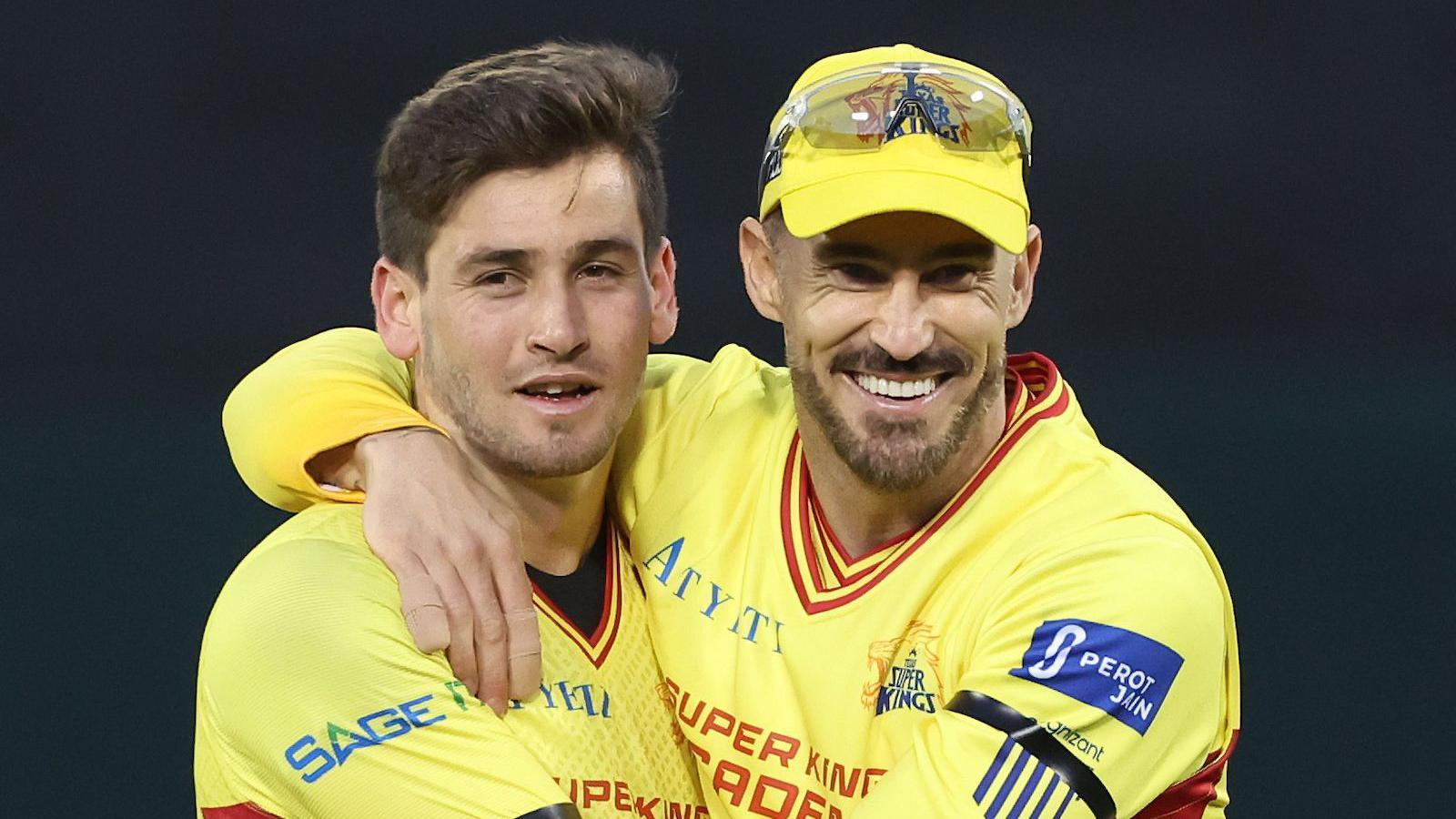 Texas Super Kings' Noor Ahmad celebrates with Faf du Plessis
