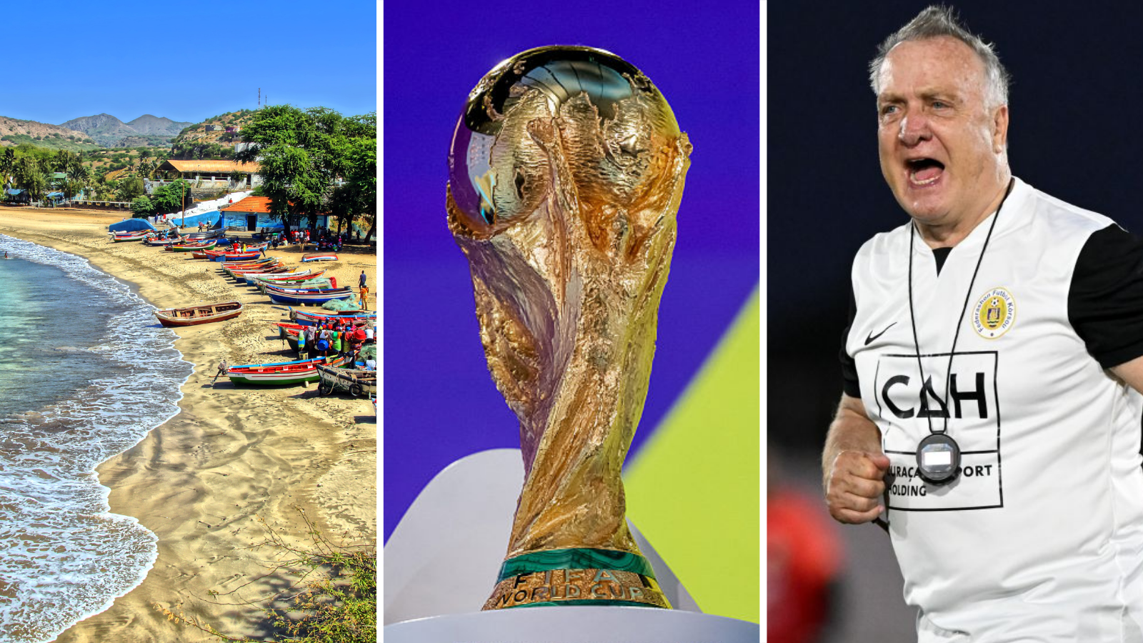 Composite image showing a Capde Verde beach, the World Cup trophy and Curacao manager Dick Adocaat