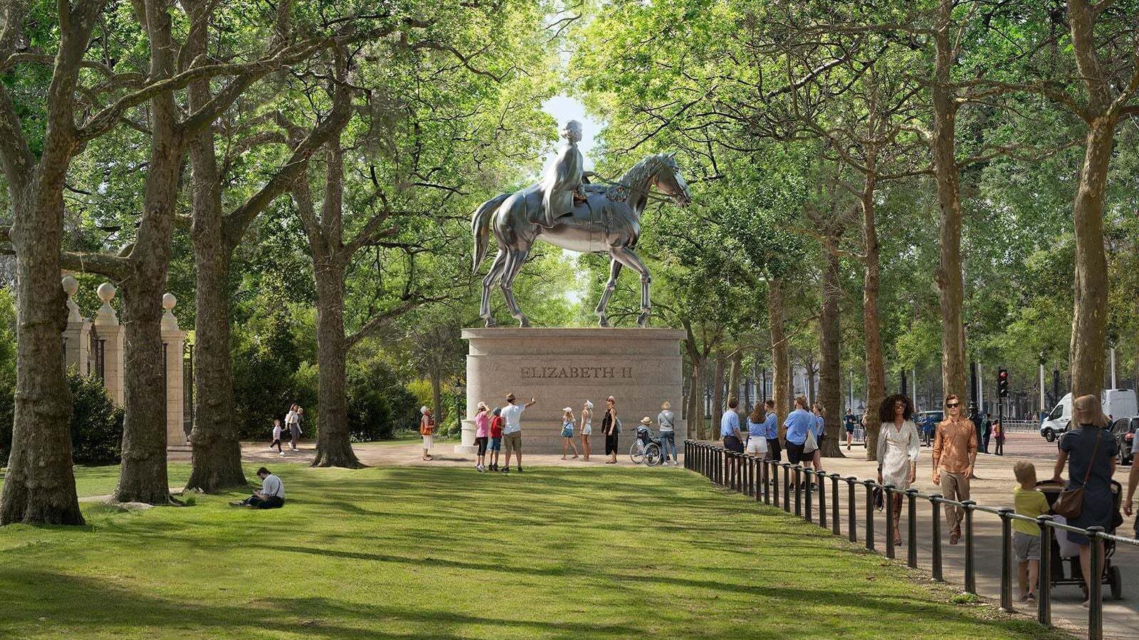 This memorial features a statue of the late Queen riding a horse, and is by Foster + Partners