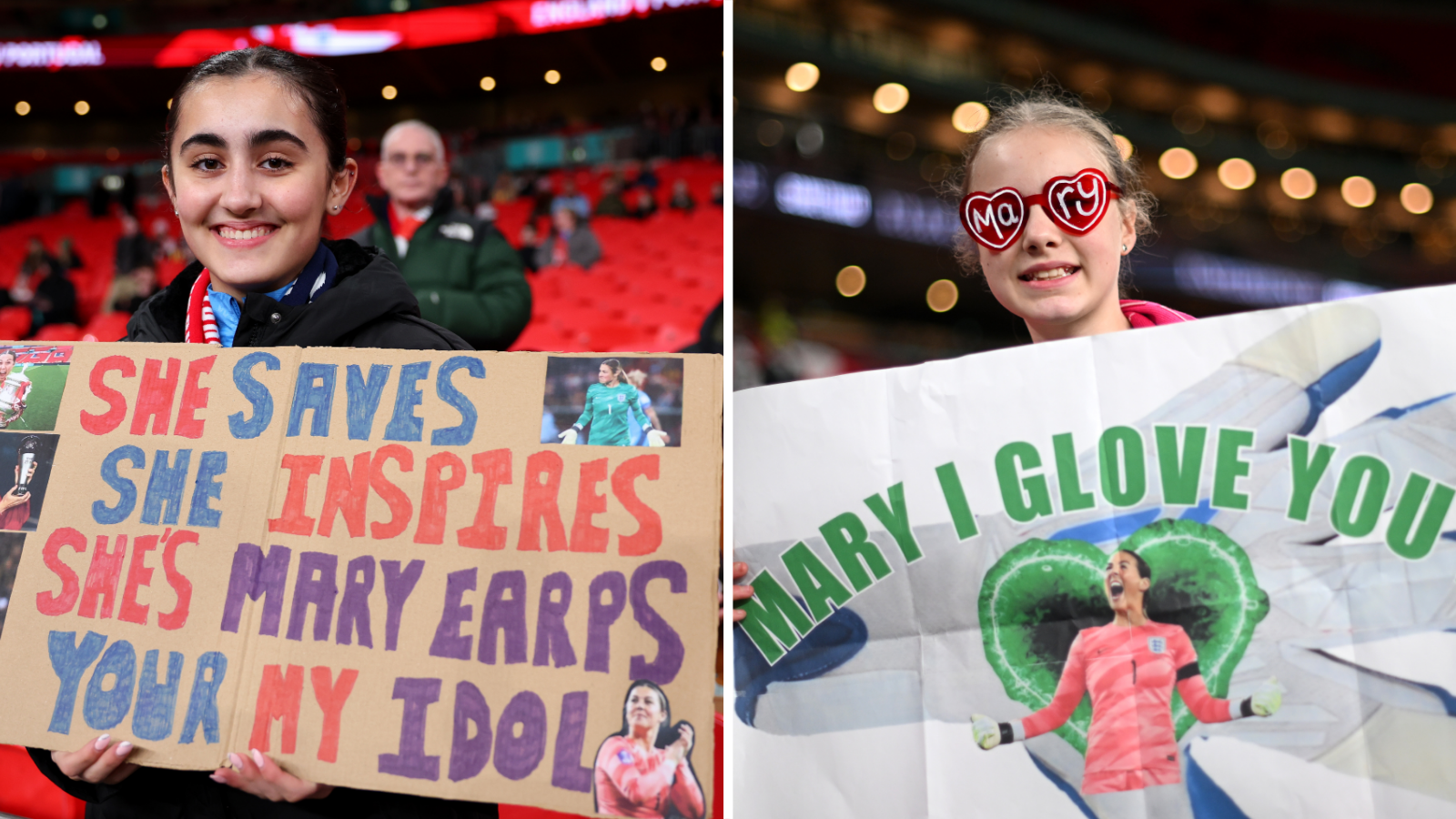 Fans hold up signs showing their support for Mary Earps