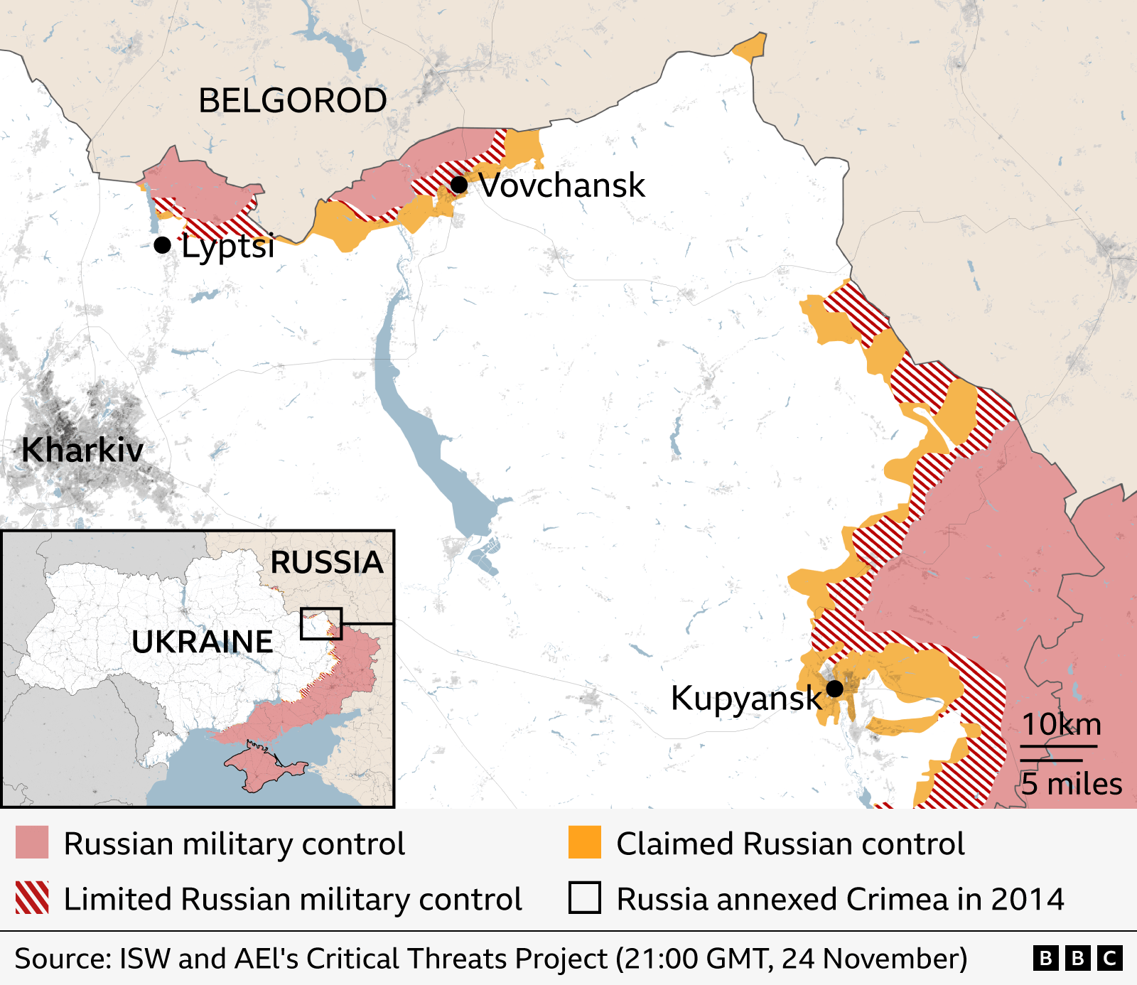 Map showing Russian military control in parts of Ukraine near Belgorod on 24 November. Areas under Russian control are shaded red, limited control is marked with red stripes, and claimed control is shown in yellow. Key locations labelled include Belgorod, Vovchansk, Lyptsi, Kharkiv, and Kupyansk. Source: ISW.