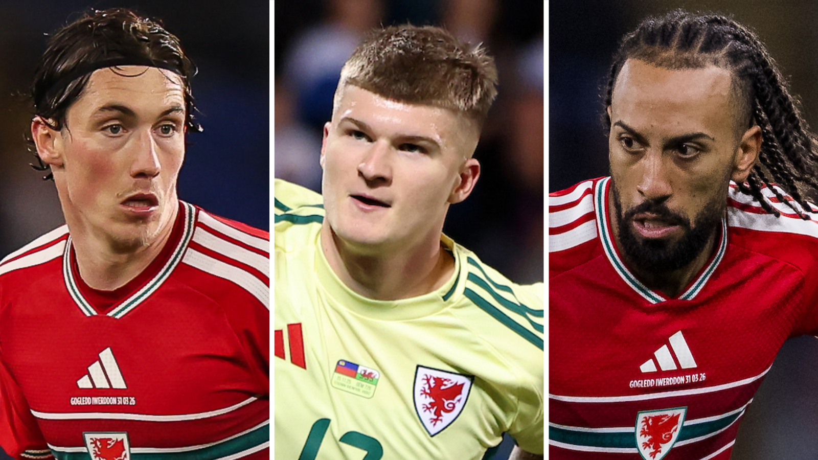 Harry Wilson, Jordan James and Sorba Thomas in action for Wales