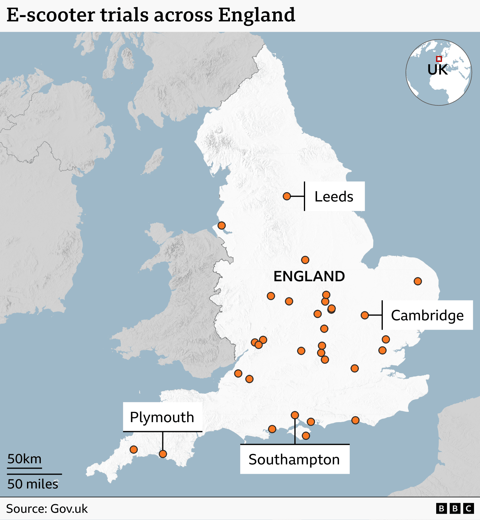 Graphic headlined: E-scooter trials across England. It shows a map of England with the 30 locations of the trials each represented by a dot. Cambridge, Leeds, Plymouth and Southampton are all labelled. Source: Gov.uk