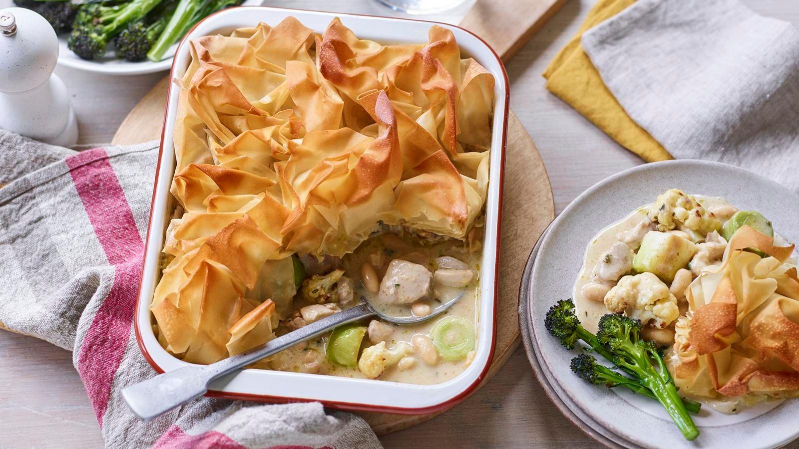 Joe’s wow chicken, cauliflower, leek and bean pie