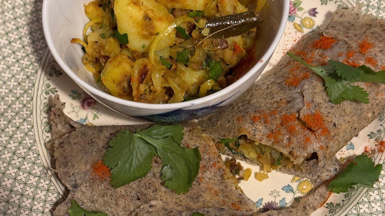 Izzie Cox' dosa stuffed with spiced potato 