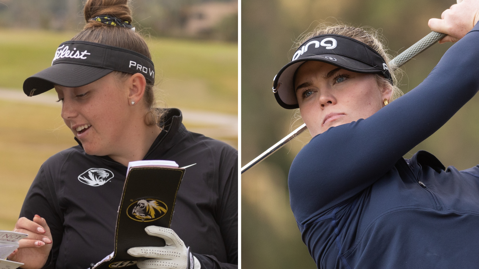 Ffion Tynan (left) signs her card and Luca Thompson (right) completes her swing