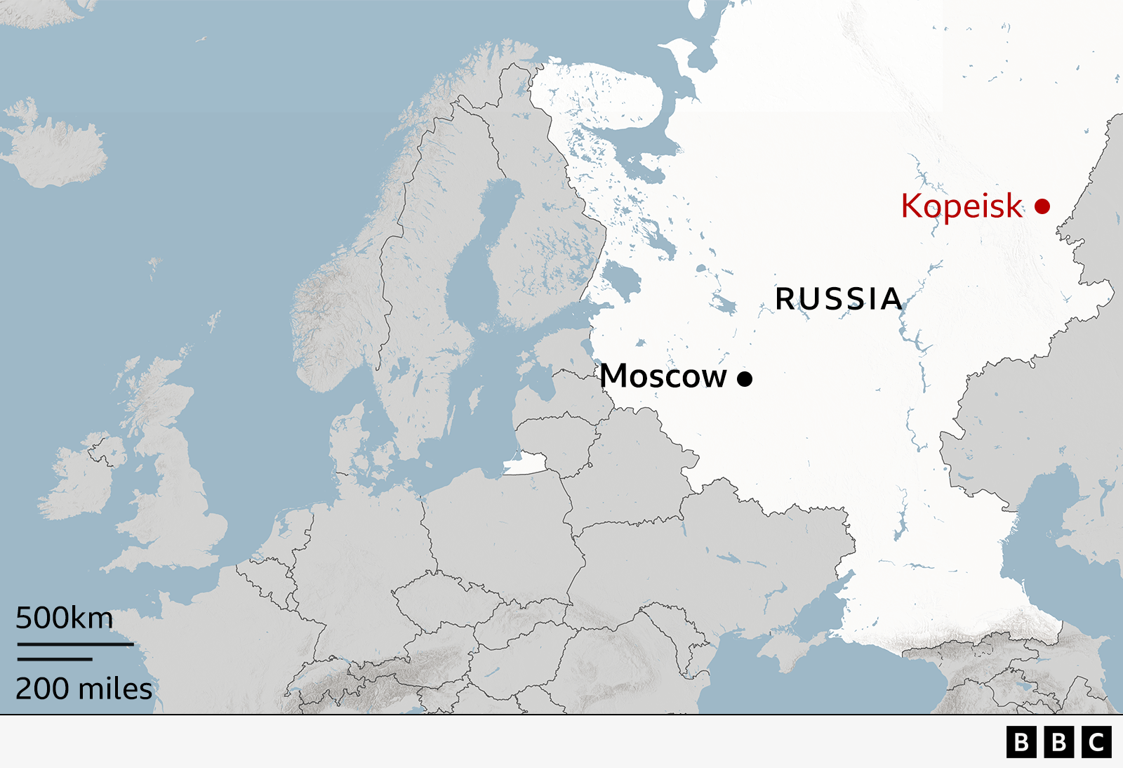 A map of Russia showing the location of Kopeisk relative to Moscow and Europe