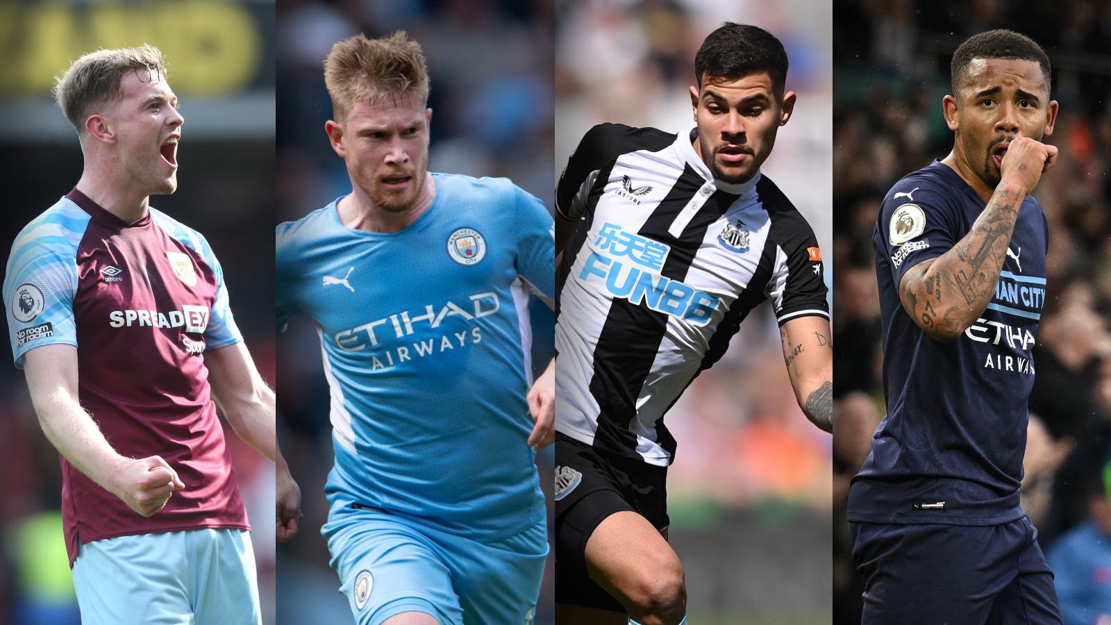 Nathan Collins, Kevin de Bruyne, Bruno Guimaraes and Gabriel Jesus