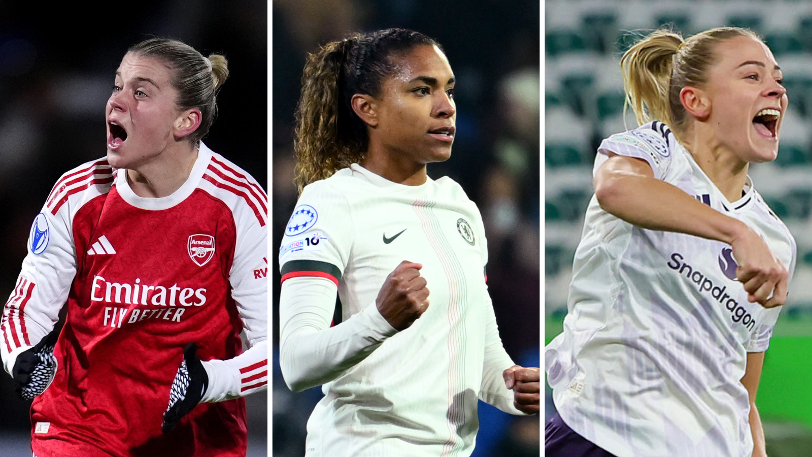 A three-way divided image of Arsenal's Alessia Russo, Chelsea's Catarina Macario and Manchester United's Fridolina Rolfo