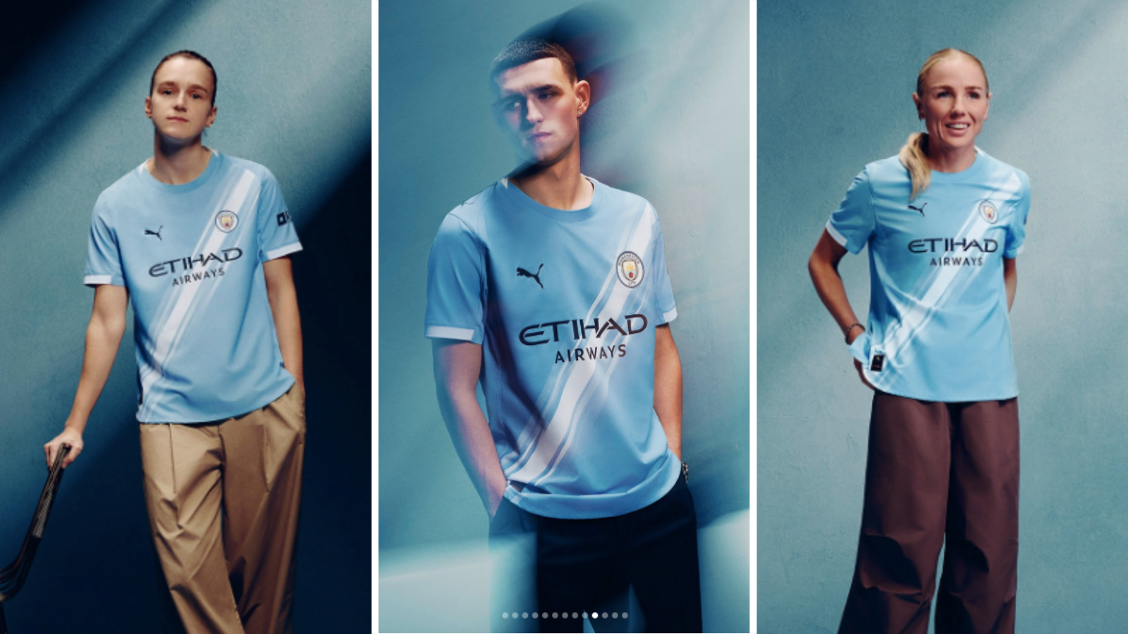 Vivianne Miedema, Phil Foden and Alex Greenwood wear new Manchester City home kit.
