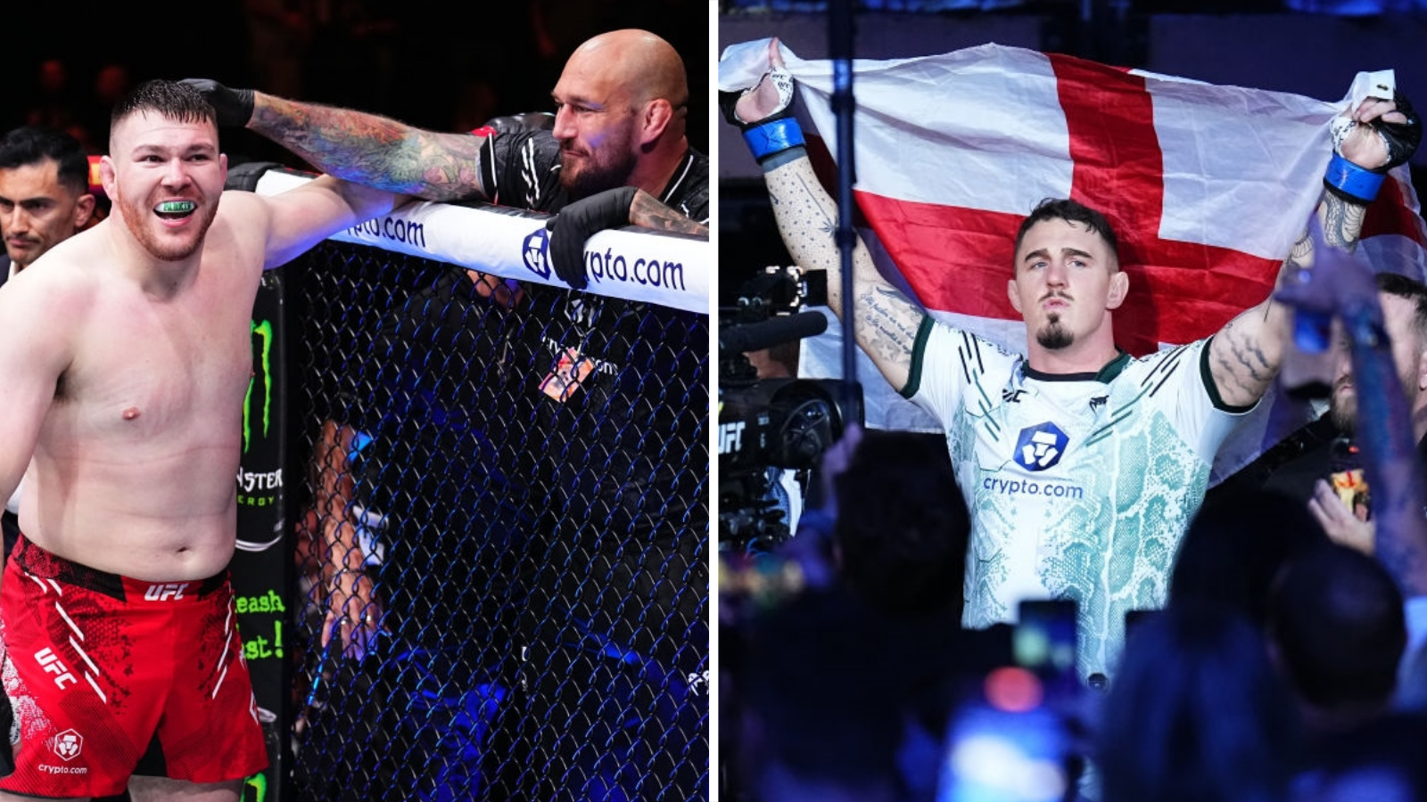 Split image of Phil De Fries congratulating Mick Parkin after a win, beside an image of Tom Aspinall with the England flag