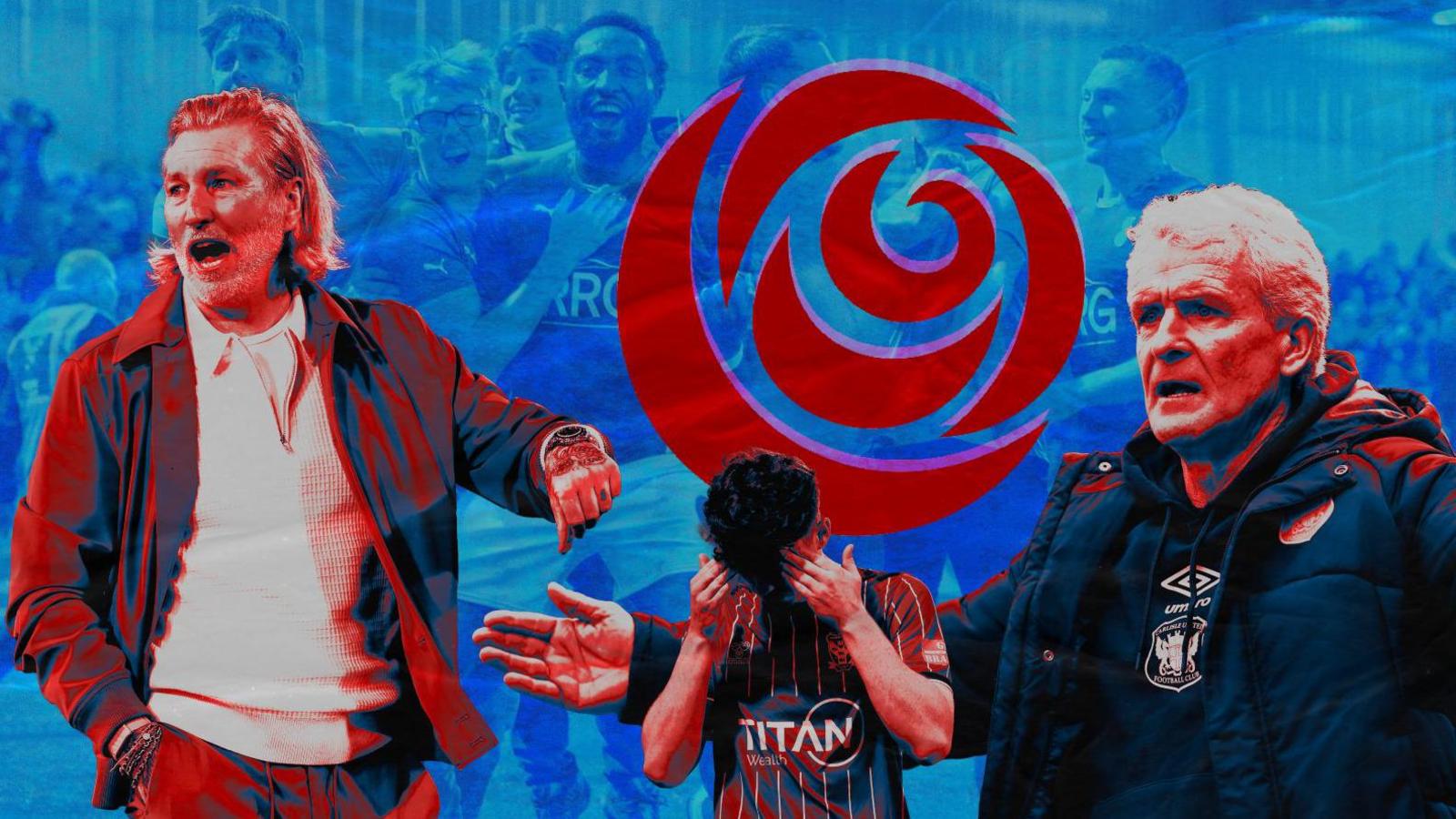 Composite image featuring Forest Green leader Robbie Savage and Carlisle's Mark Hughes pinch Oldham players celebrating successful nan inheritance arsenic York's Lewis Richardson has his caput successful his hands