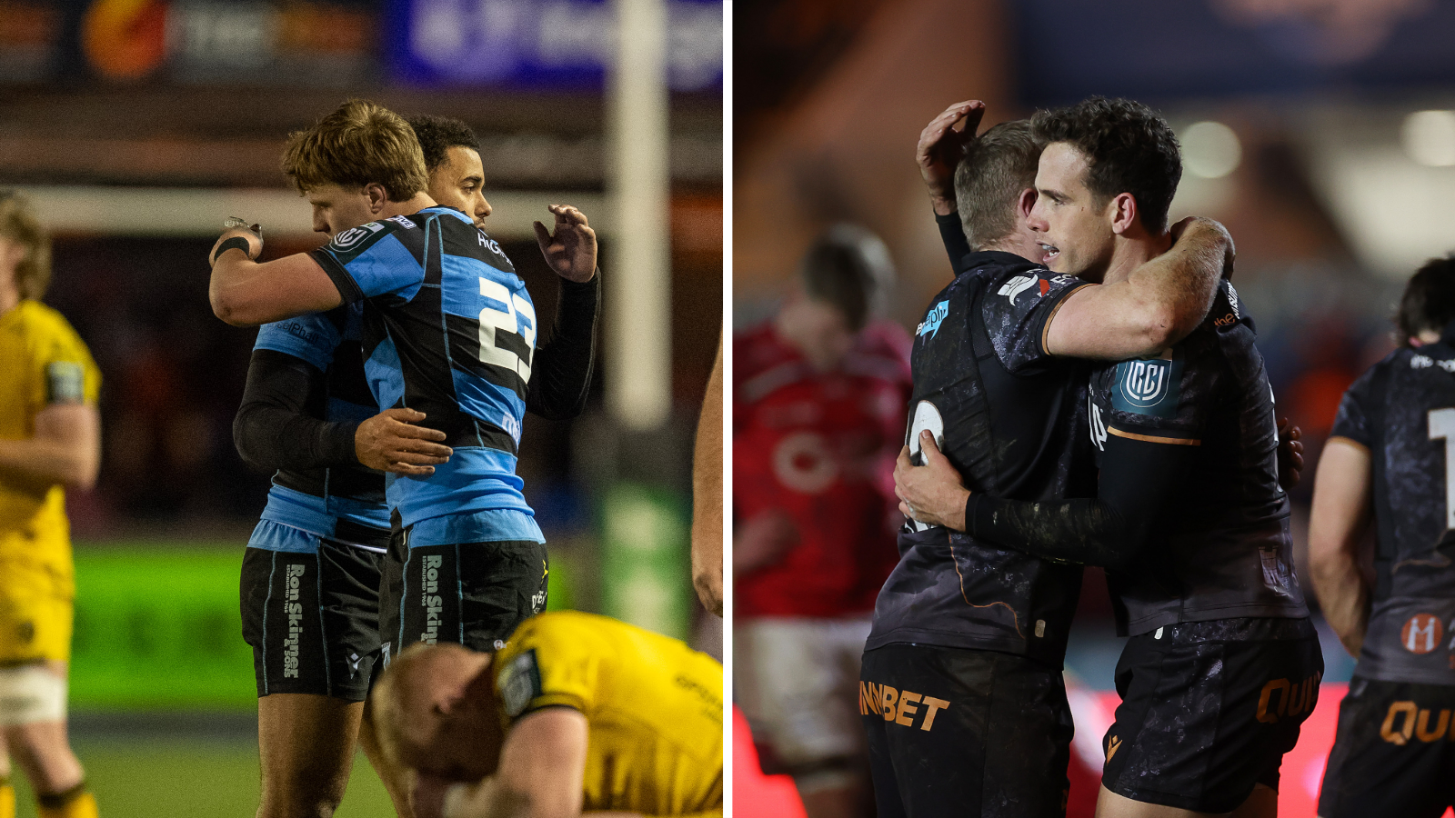 Cardiff's Ben Thomas celebrates the win against Dragons (left) while Ospreys Kieran Hardy is congratulated after his try against Scarlets (right)