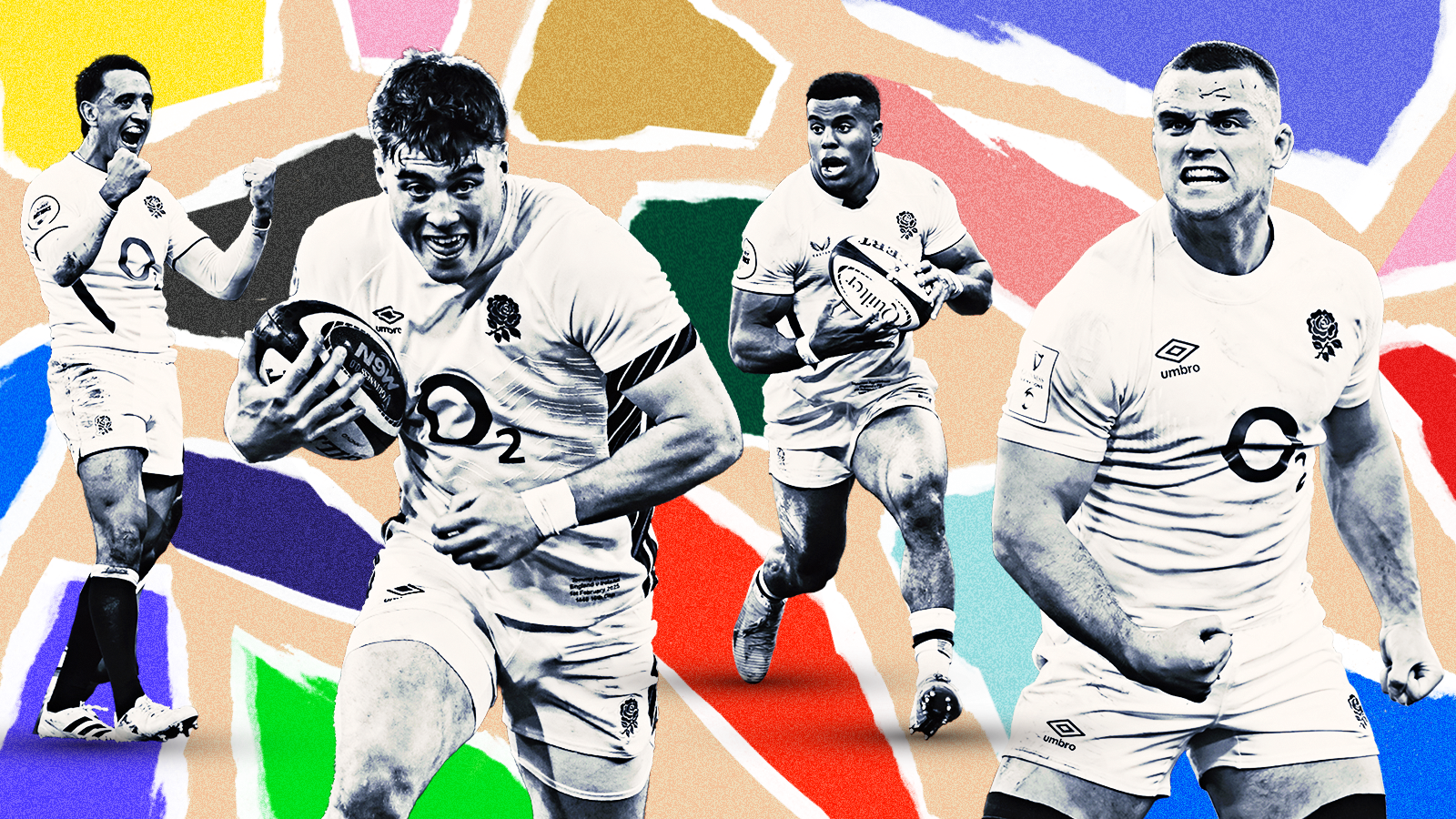 This image features players from the England national rugby union team - Alex Mitchell, Tommy Freeman, Immanuel Feyi-Waboso and Ben Earl