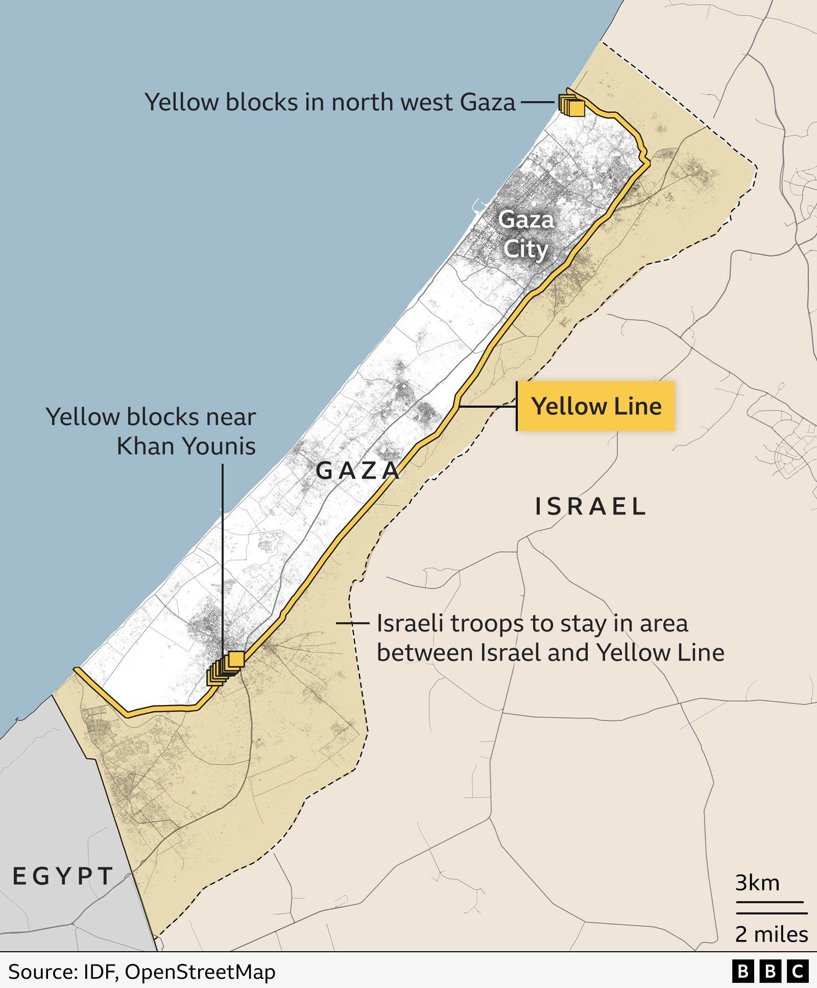 A graphic showing the location of the Yellow Line on maps and where the blocks have been placed.