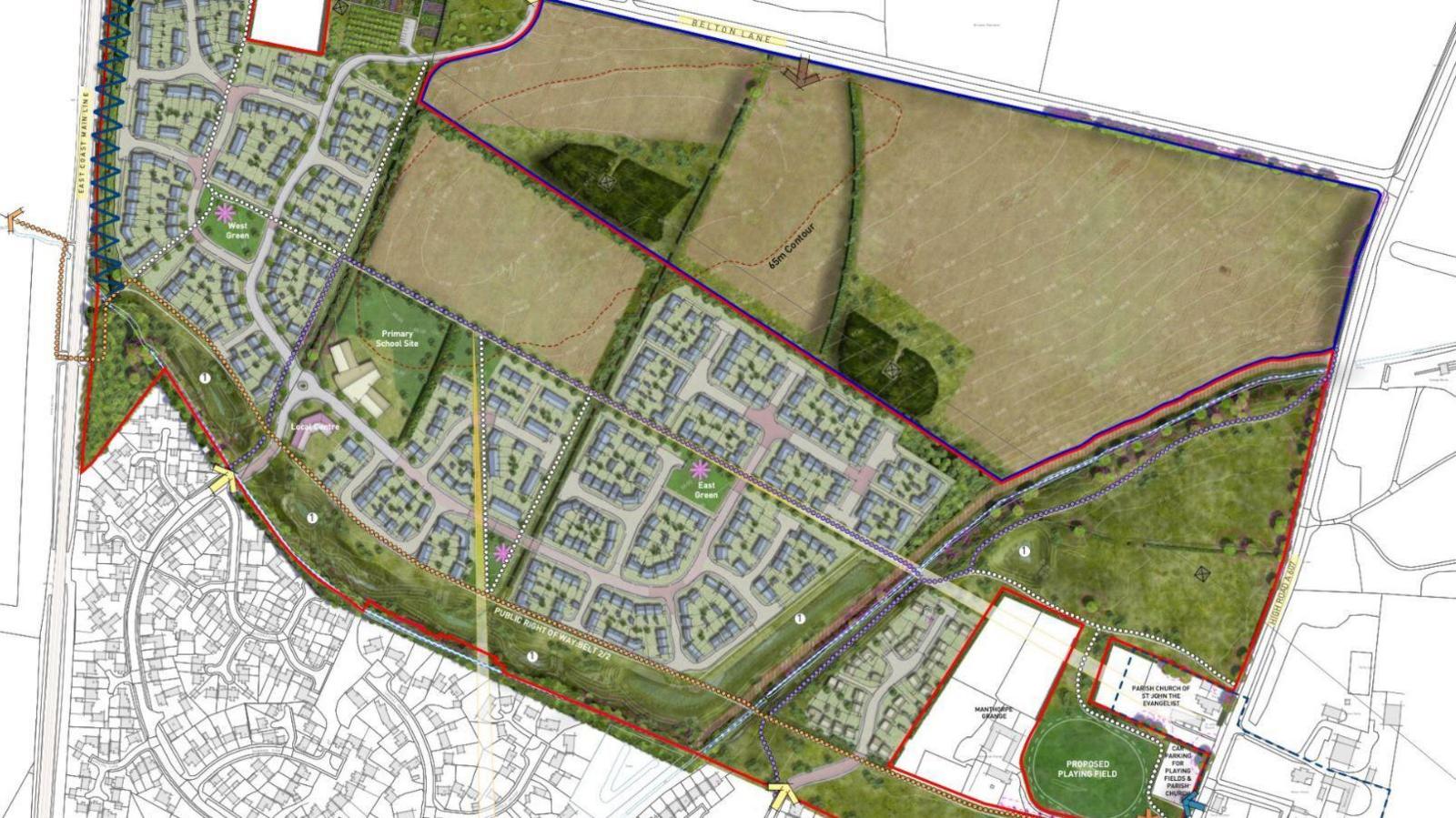 An animated aerial view of Manthorpe Chase in green with areas not located in the village in black and white