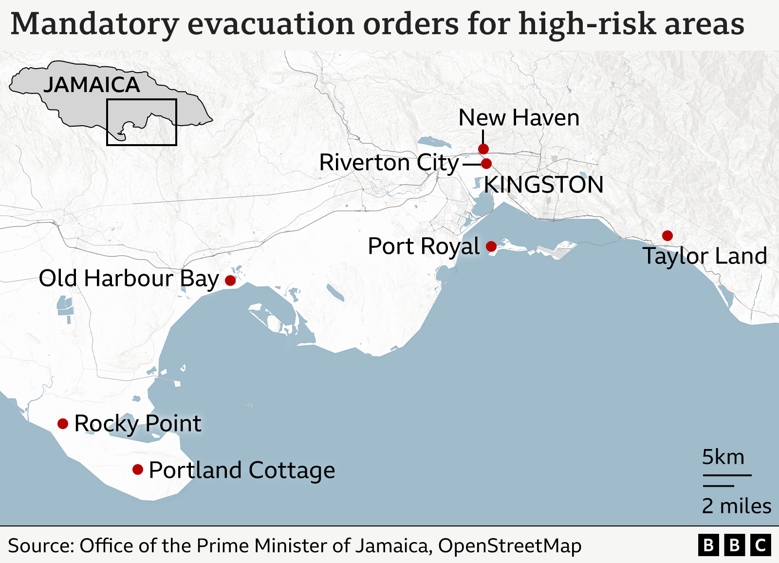 A map of the south of Jamaica, around Kingston, showing areas which are under mandatory evacuation orders: Port Royal in Kingston; Portland Cottage and Rocky Point in Clarendon; Old Harbour Bay in St. Catherine; and New Haven, Riverton City and Taylor Land in St. Andrew.
