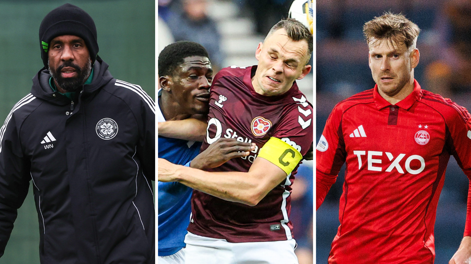 Celtic's Wilfried Nancy, Rangers' Nassir Djiga, Hearts' Lawrence Shankland and Aberdeen's Stuart Armstrong