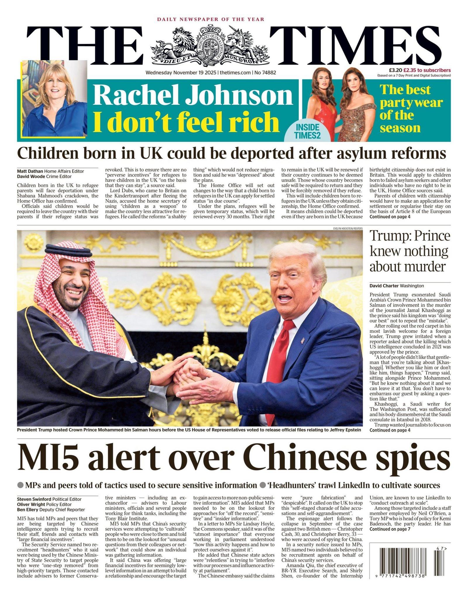 The headline on the front page of the Times reads: “MI5 alert over Chinese spies”.