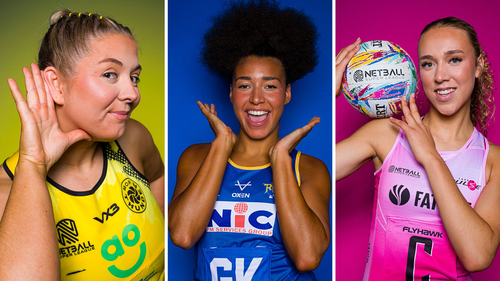 Manchester Thunder's Eleanor Cardwell, Leeds Rhinos' Jaz Brown and London Pulse's Gracie Smith pose in team kits before the Netball Super League season