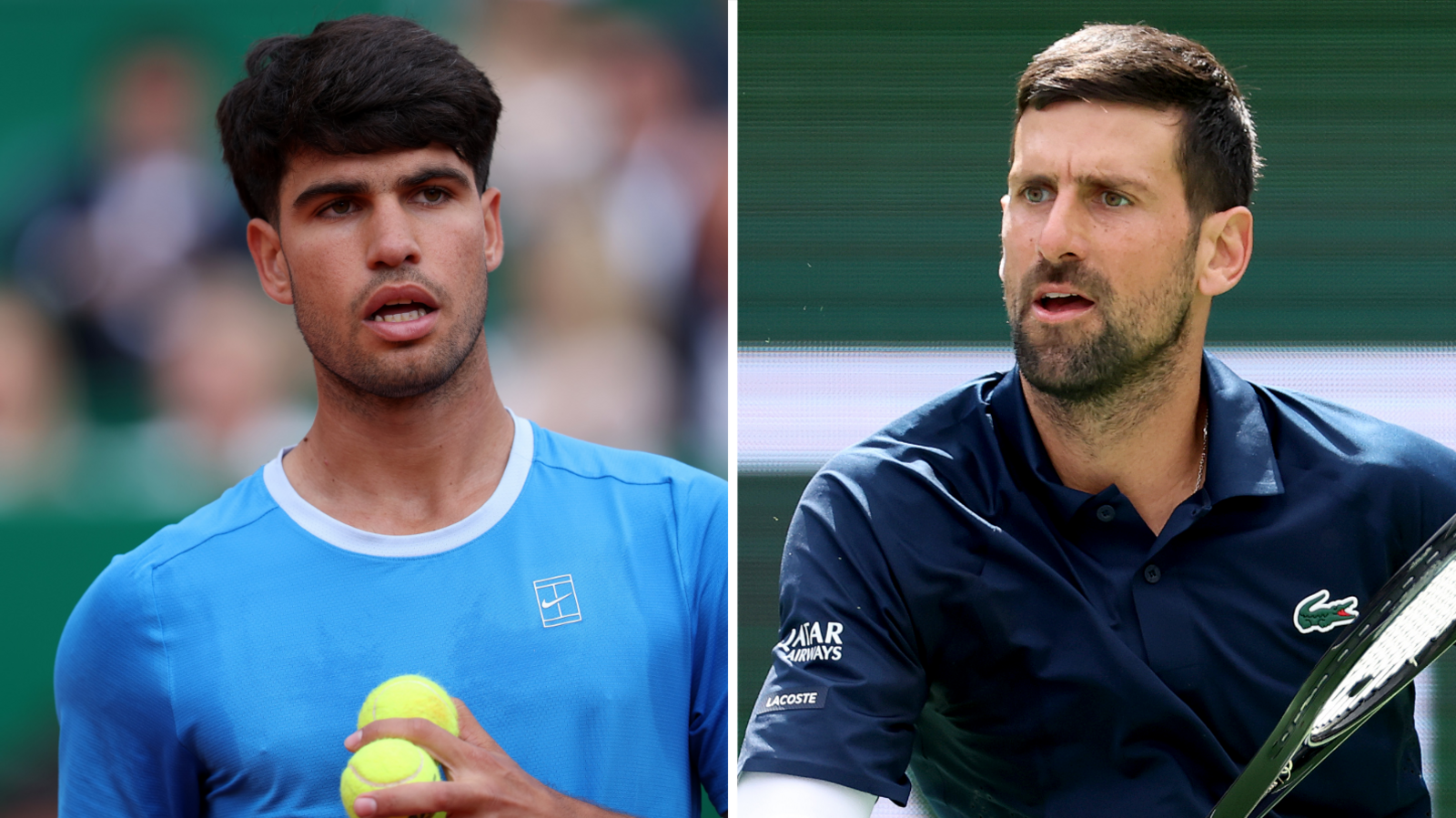 Carlos Alcaraz and Novak Djokovic in a split picture. Alcaraz is holding two balls in his hand while Djokovic is preparing to play a back hand
