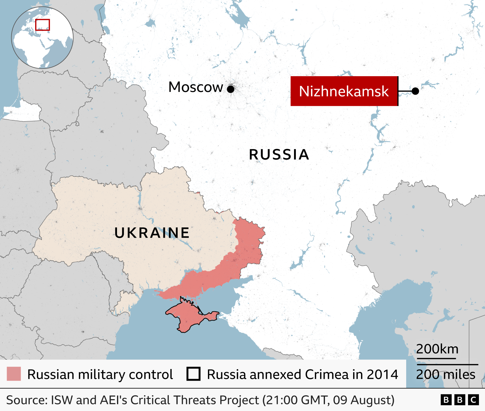 Map showing Nizhnekamsk in relation to Ukraine