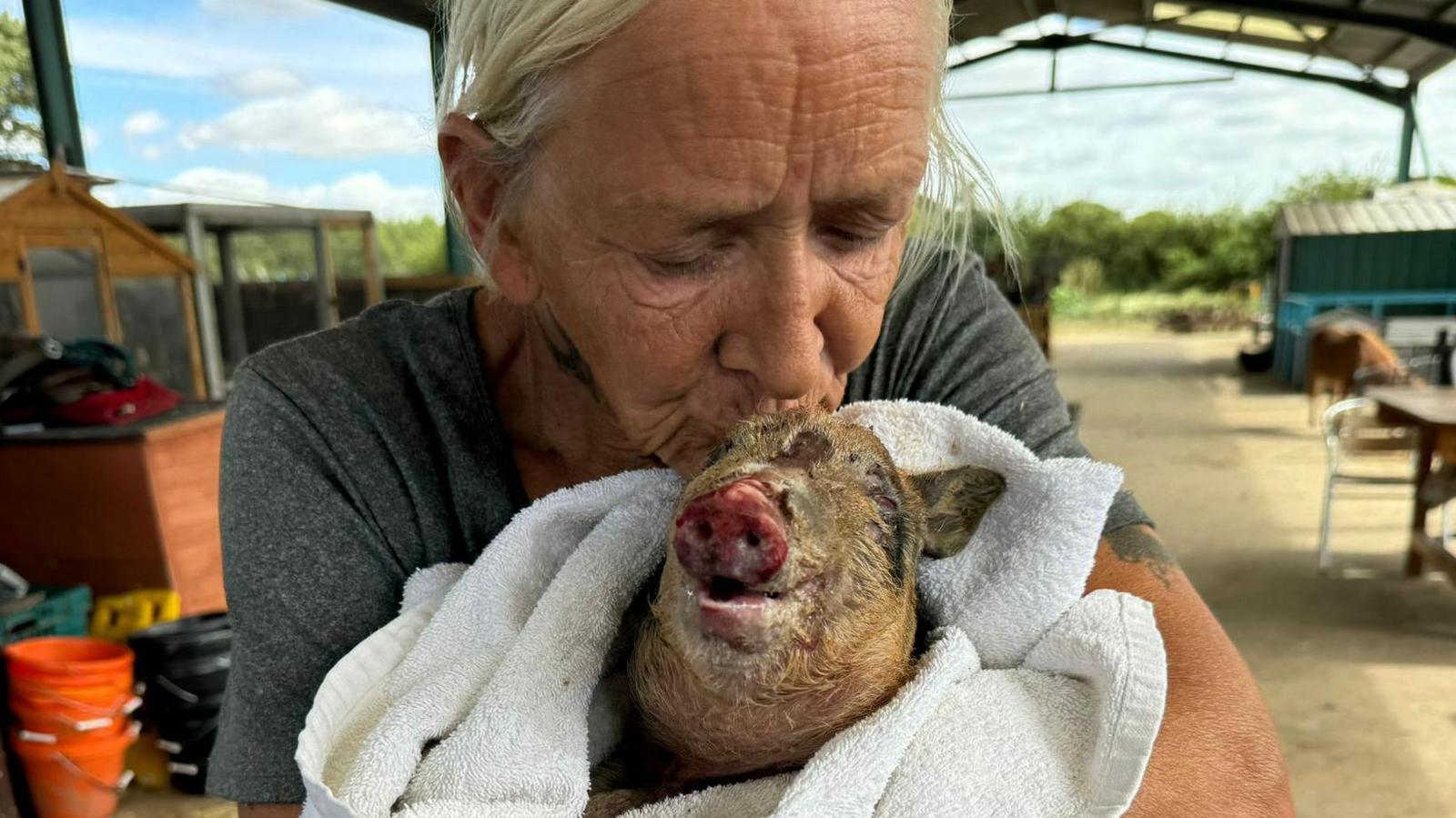 Sandy Miller holding an injured piglet wrapped in a towel