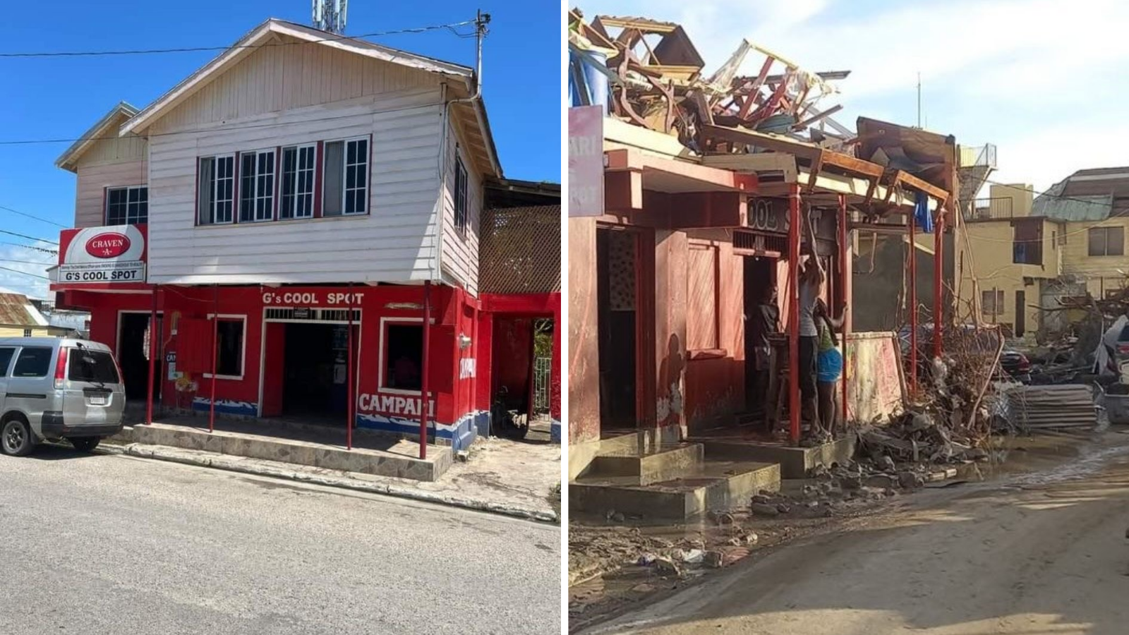 A side-by-side showing the before and after of the G's Cool Spot bar in Jamaica after Hurricane Melissa. In the second picture the building is in ruin and roof caved in.