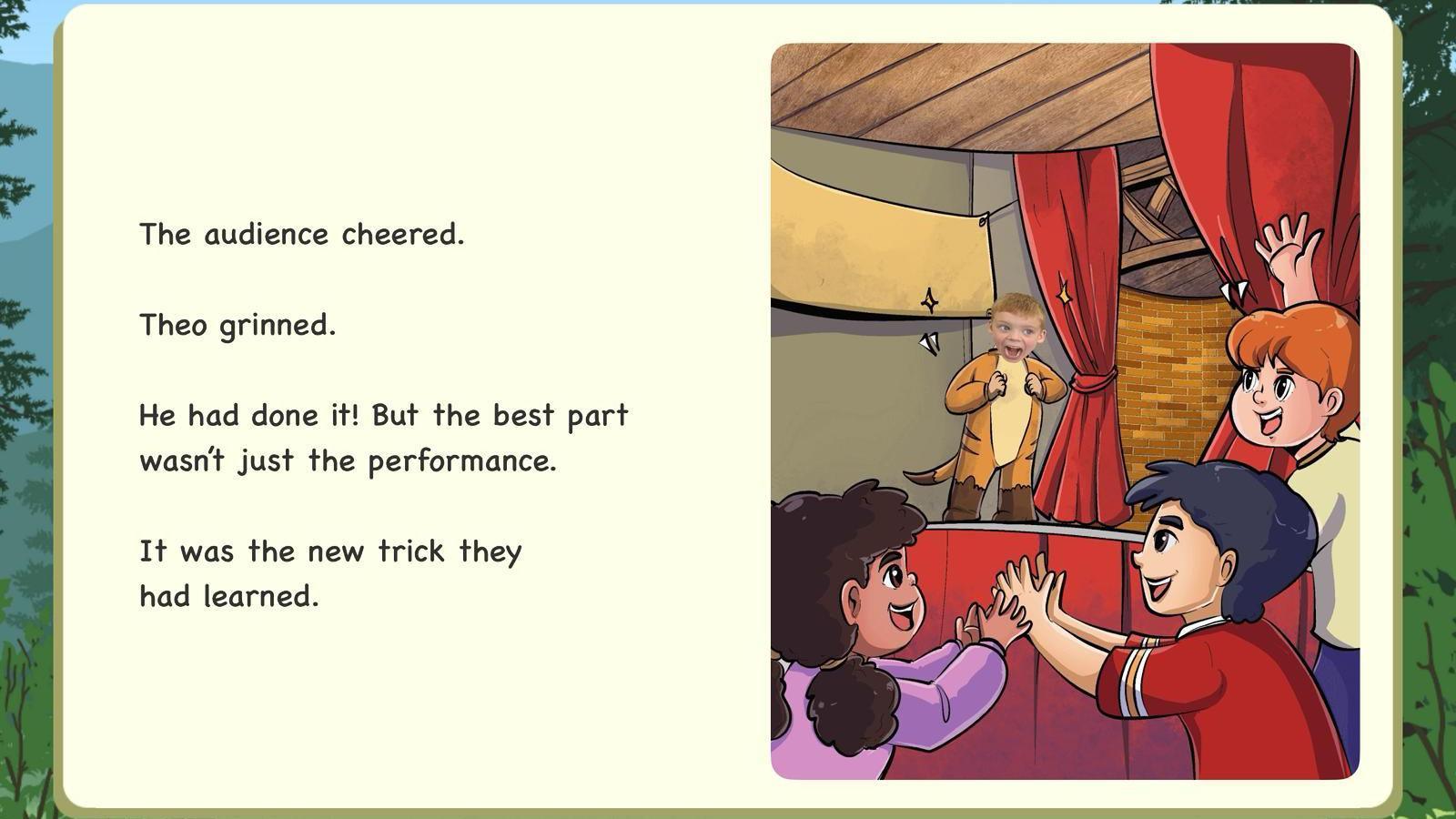 A screenshot of the app and Theo in a stage show surrounded by cartoon style children. Theo's character is wearing a tiger costume.