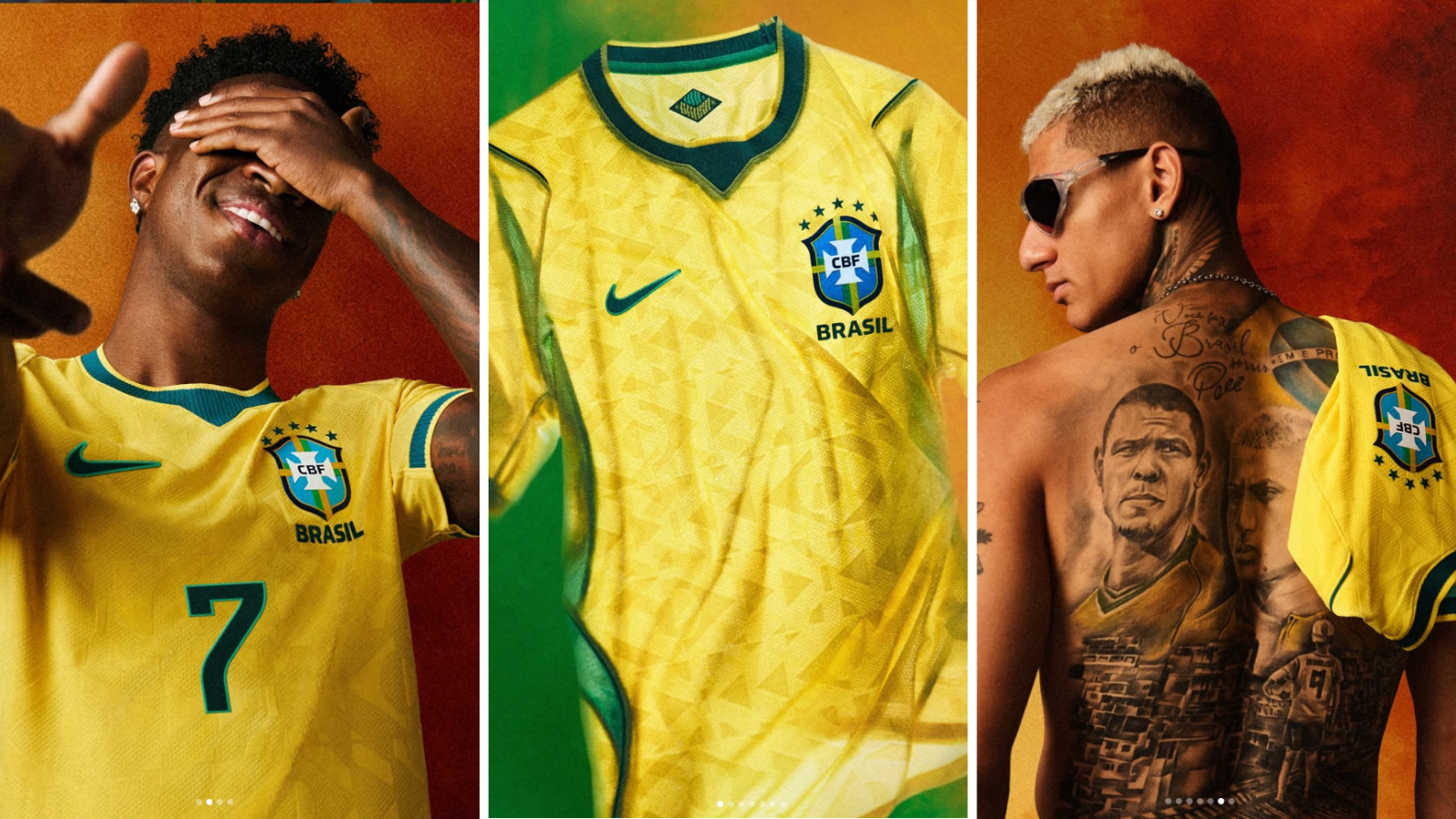 Vinicius Jr and Richarlison wear 2026 Brazil home shirt.