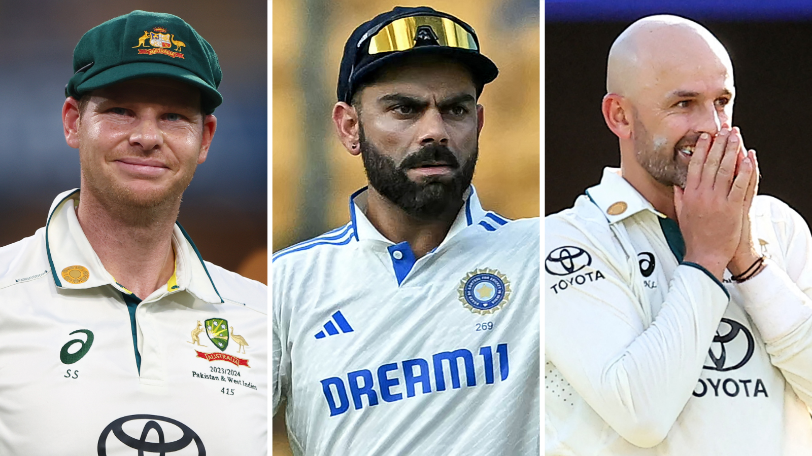 A split graphic of Steve Smith (left), Virat Kohli (centre) and Nathan Lyon (right)