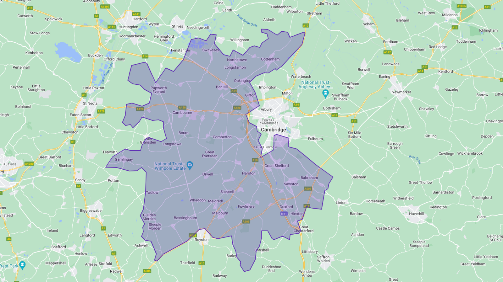 Map showing the old South Cambridgeshire constituency which goes further north and west than the new constituency