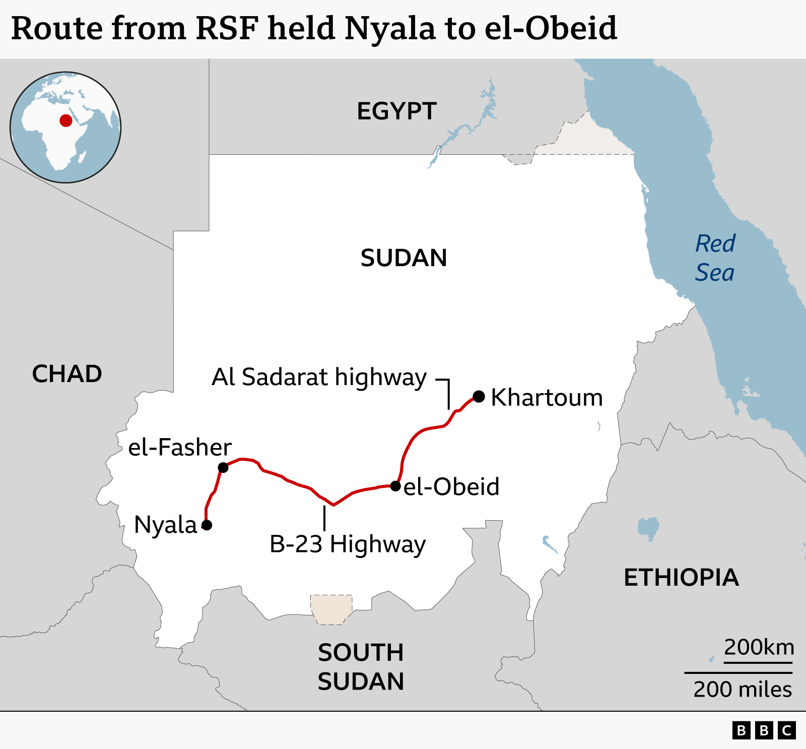 A BBC map showing the location of el-Obeid. The highways to Nyala and Khartoum are also marked on the map. 