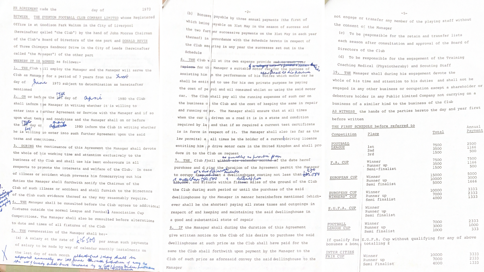 Extracts from former Leeds manager Don Revie's unsigned Everton contract in 1973, that was discovered 52 years later