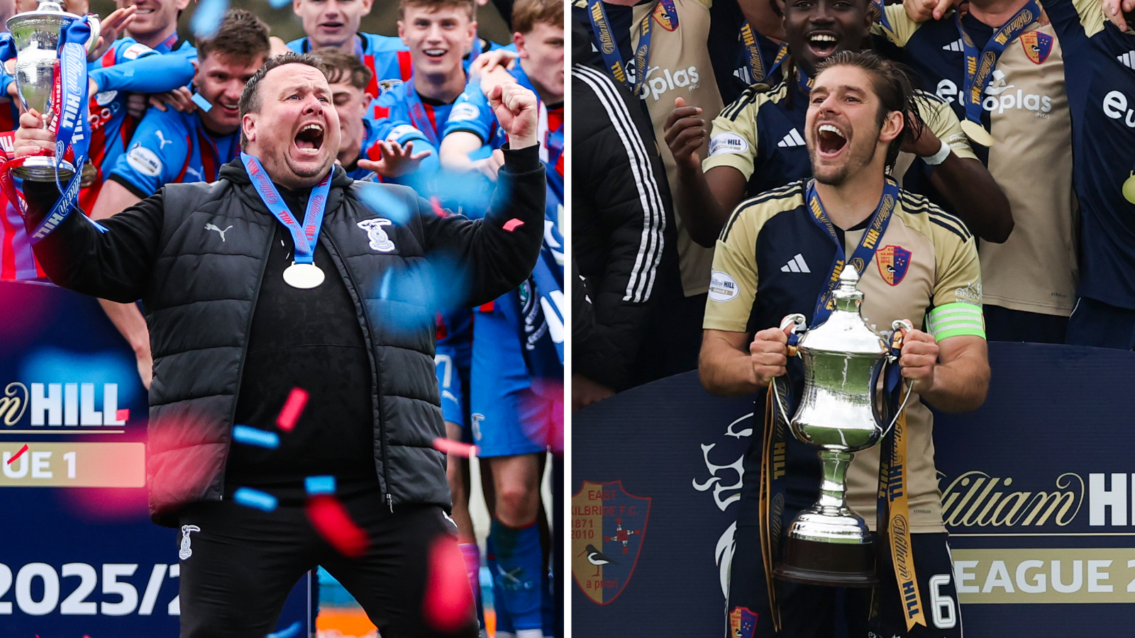 Inverness Caledonian Thistle head coach Scott Kellacher and East Kilbride captain Jack Leitch with their respective trophies