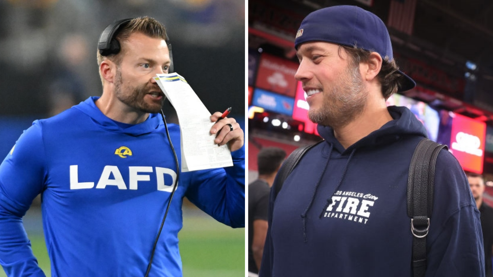 Los Angeles Rams coach Sean McVay and quarterback Matthew Stafford wearing clothing paying tribute to the Los Angeles Fire Department