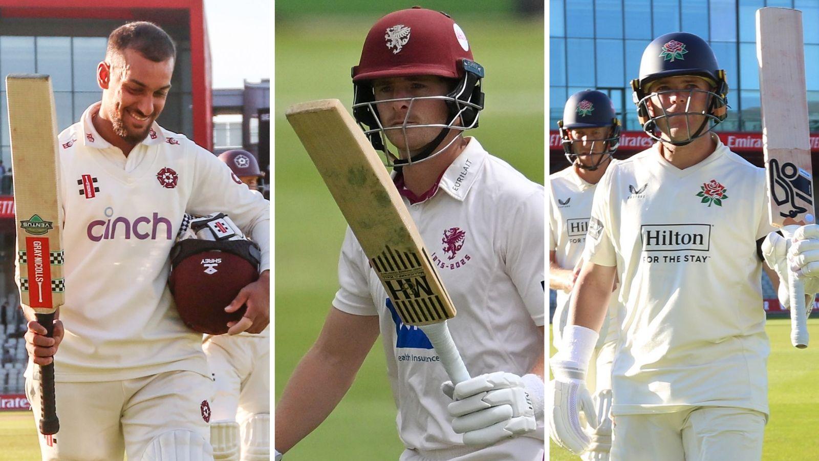 Saif Zaib, Tom Abell and Marcus Harris raise their bats after milestones