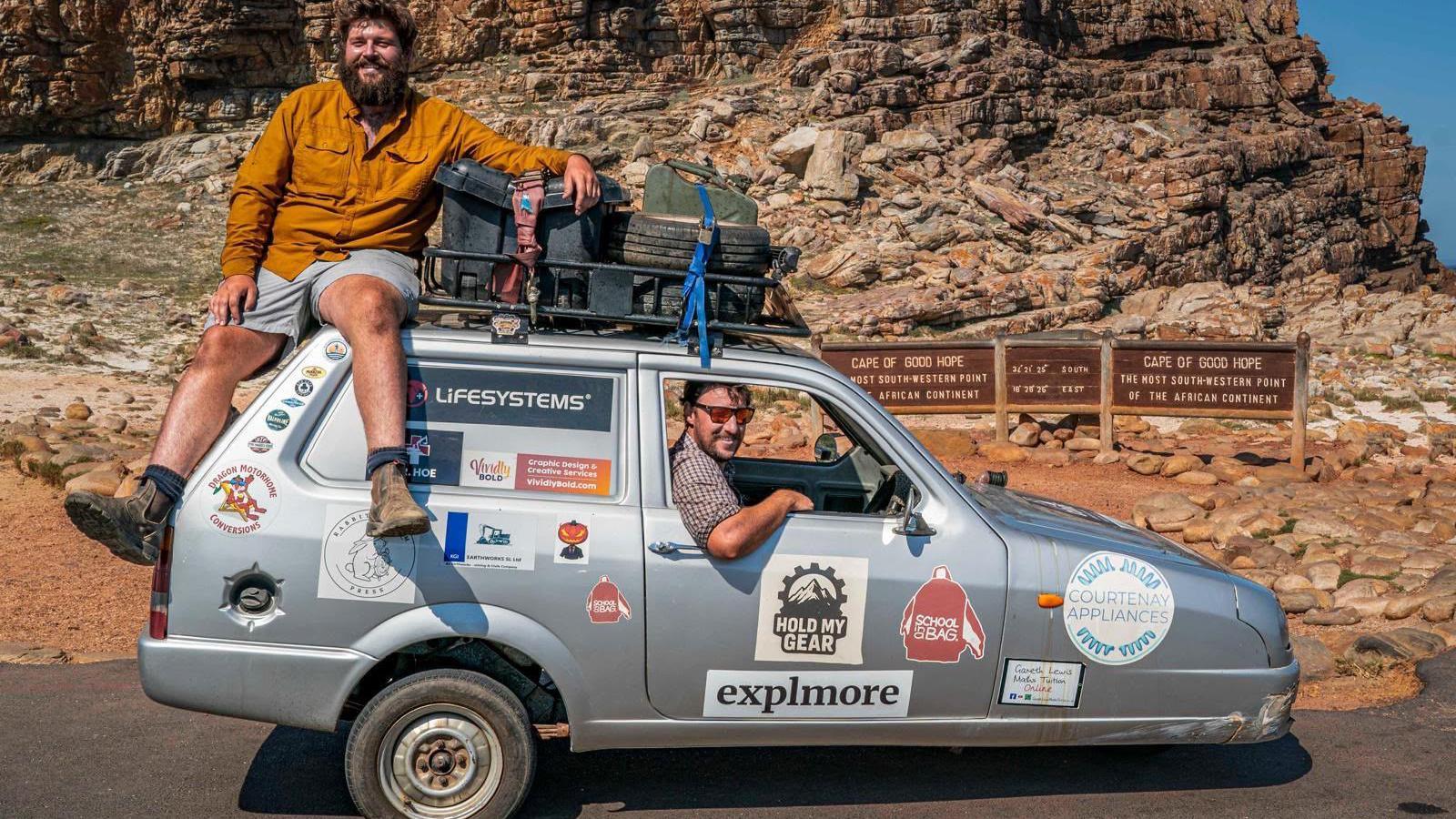 Seth and Ollie with their three-wheel Reliant Robin